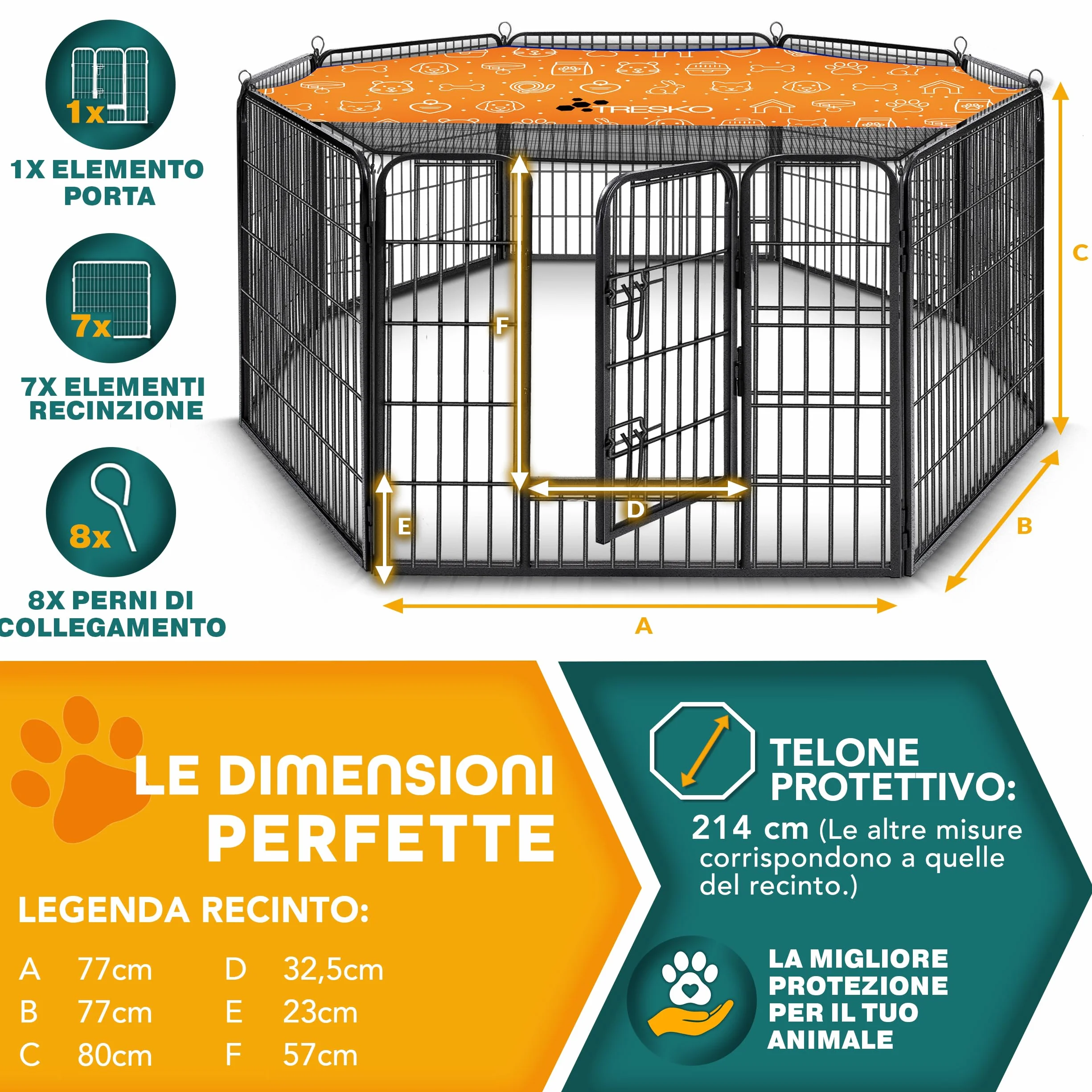 TRESKO® Recinzione Recinto 80 cm per Cani, Gabbia per Cuccioli con 8 picchetti inclusi, Box in Metallo Robusto (77 x 60 cm)