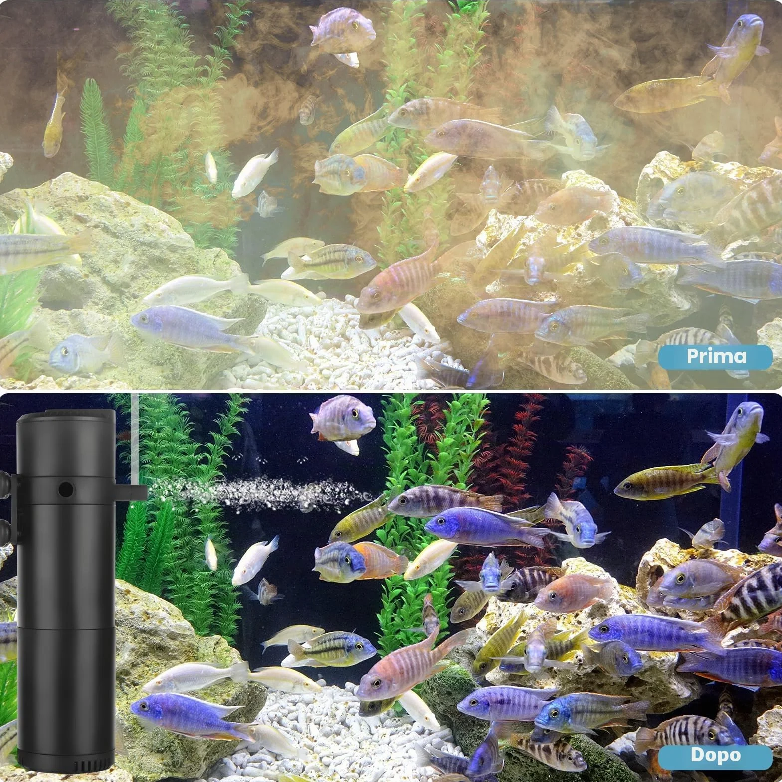 Filtro Interno per acquari da 300-500L, Filtro per acquari Regolabile da 25W 1800L/H con Doppia Uscita dell'Acqua e aerazione