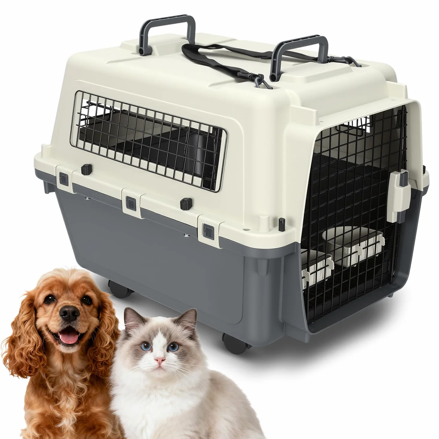 Trasportino per animali in PP con porta e finestra in metallo con maniglia e guinzaglio 67,3 * 54,9 * 51,5 cm con 4 ruote, trasportino per gatti e cani con ruota per gatti e ciotola per cibo