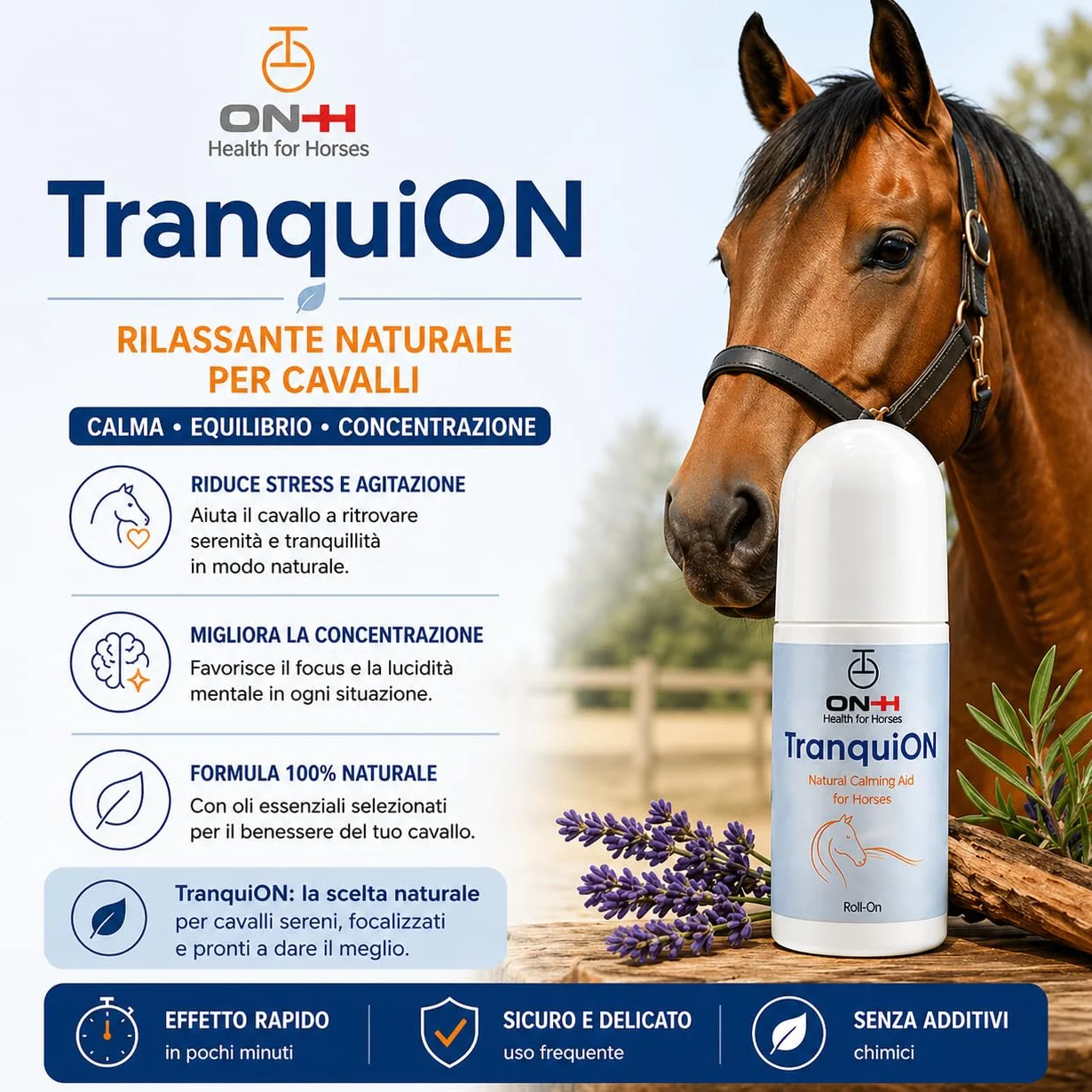 ON-H TranquiON Roll-On per Cavalli | Gel Rilassante Naturale Antistress | Applicazione Localizzata - Ideale Prima di Trasporto, Gara e Lavoro | azione Calmante senza Sedazione | Uso Quotidiano