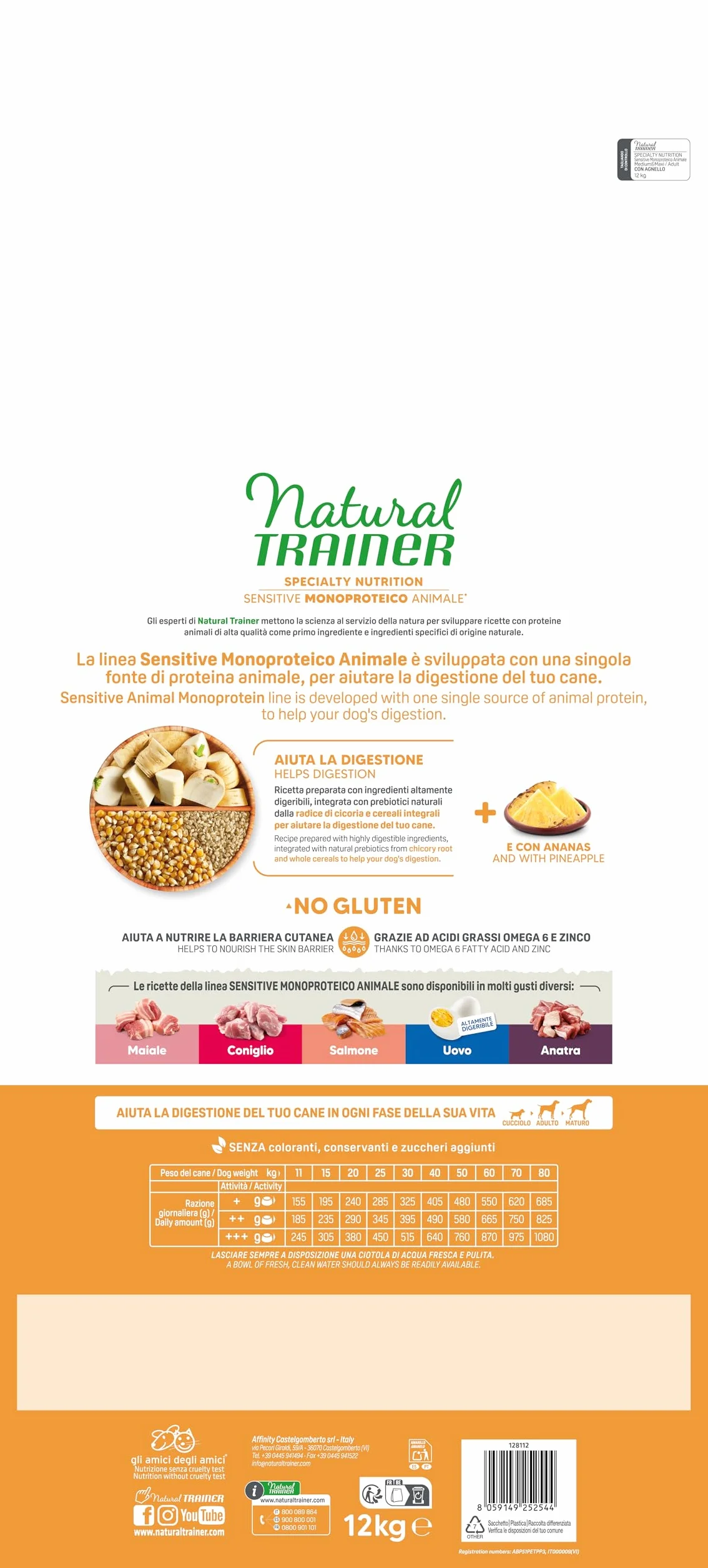 Natural Trainer Sensitive No Gluten Cibo per Cani Adulti Agnello 12kg