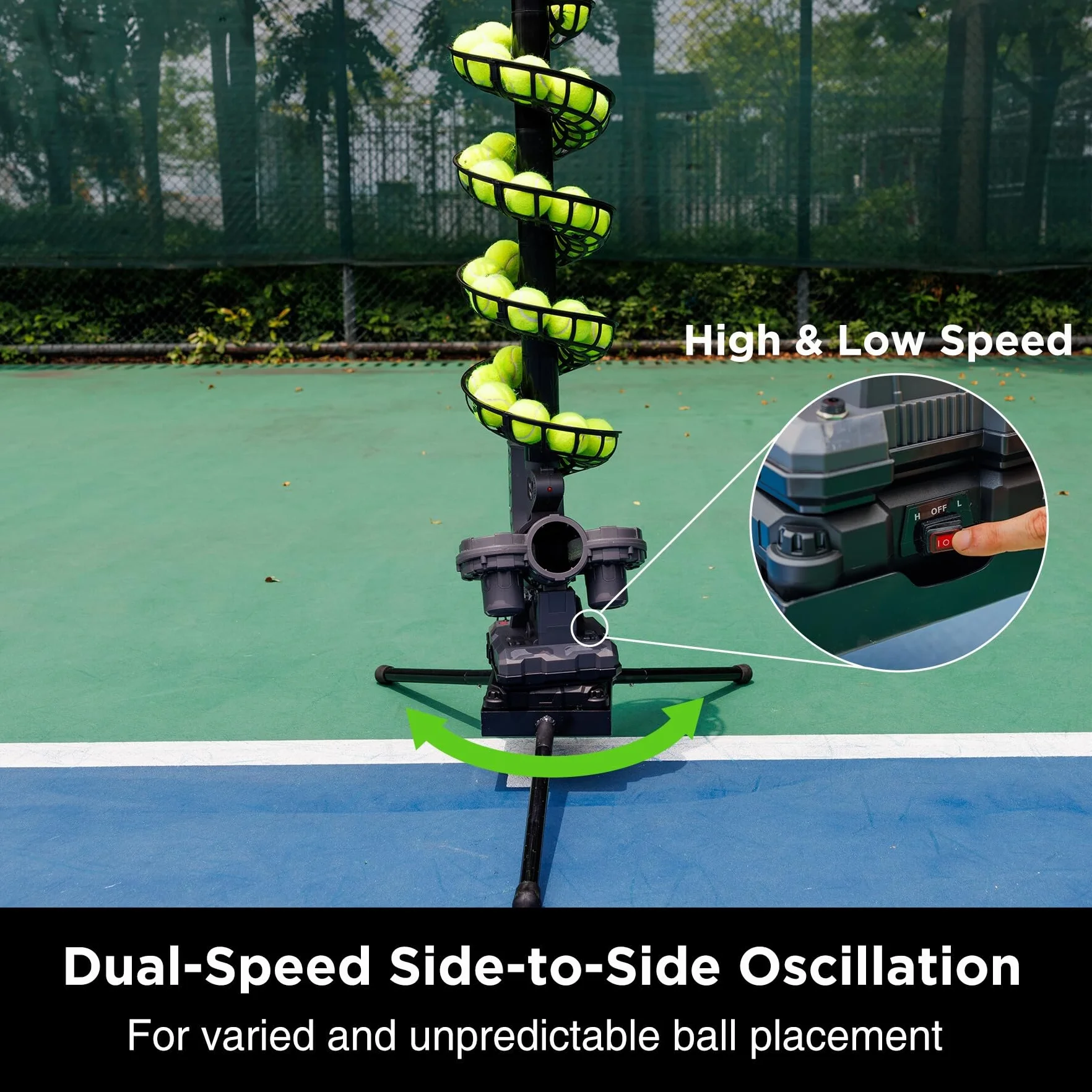 Furlihong 3807BH Macchina da tennis con base triangolare, velocità regolabile, oscillante sinistra/destra superiore/inferiore