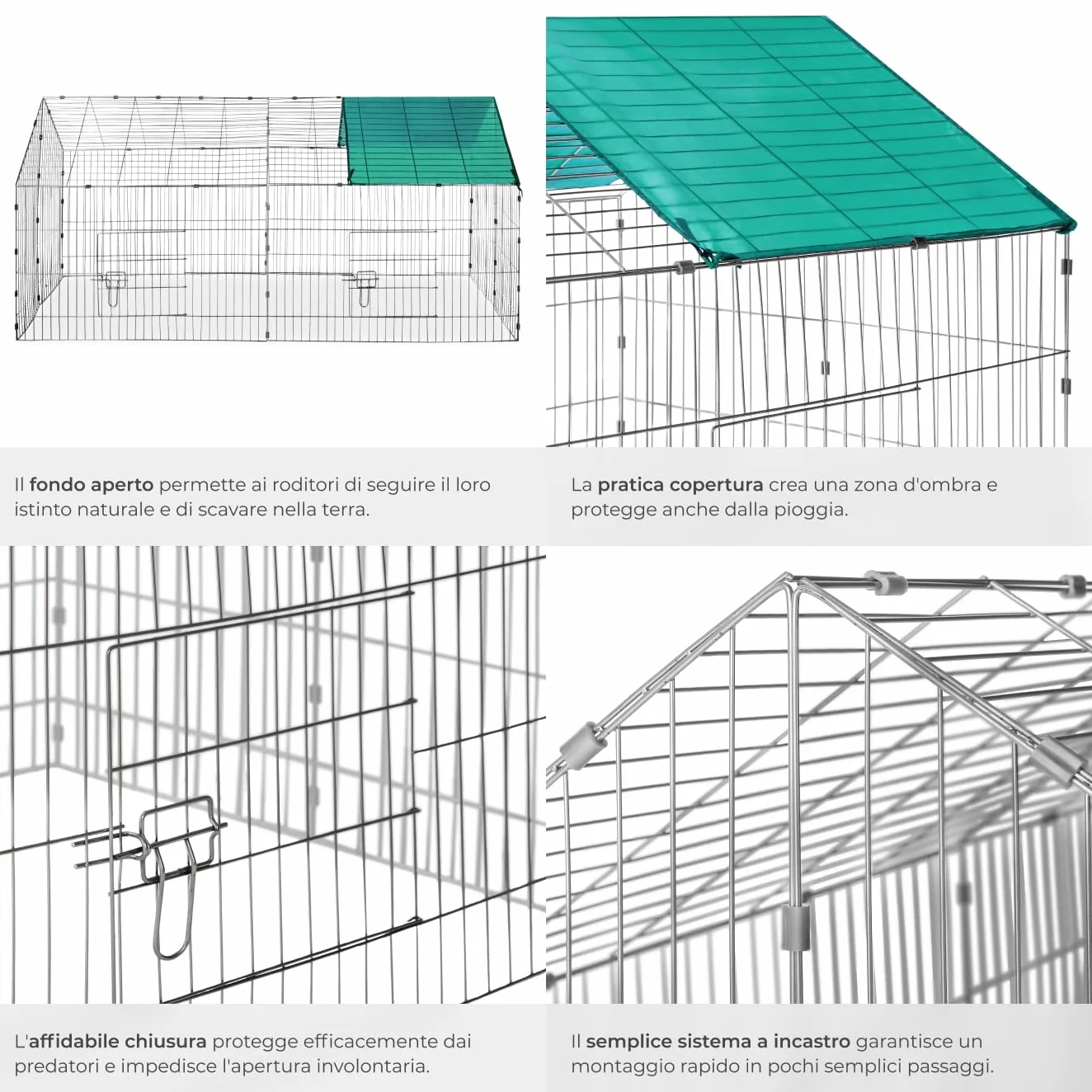 tectake® Gabbia da esterno per conigli, recinto con protezione parasole, griglia metallica resistente, conigliera, gabbia per piccoli animali, porcellini d'india, stabile, 180 x 75 x 75 cm - Verde