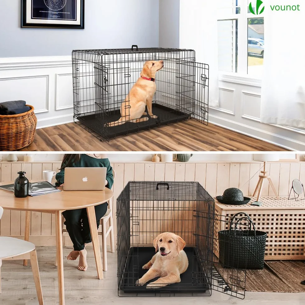 VOUNOT® Gabbia per Cani Pieghevole in Metallo 107x70x78cm Nero con 2 Porte e Vassoio Rimovibile