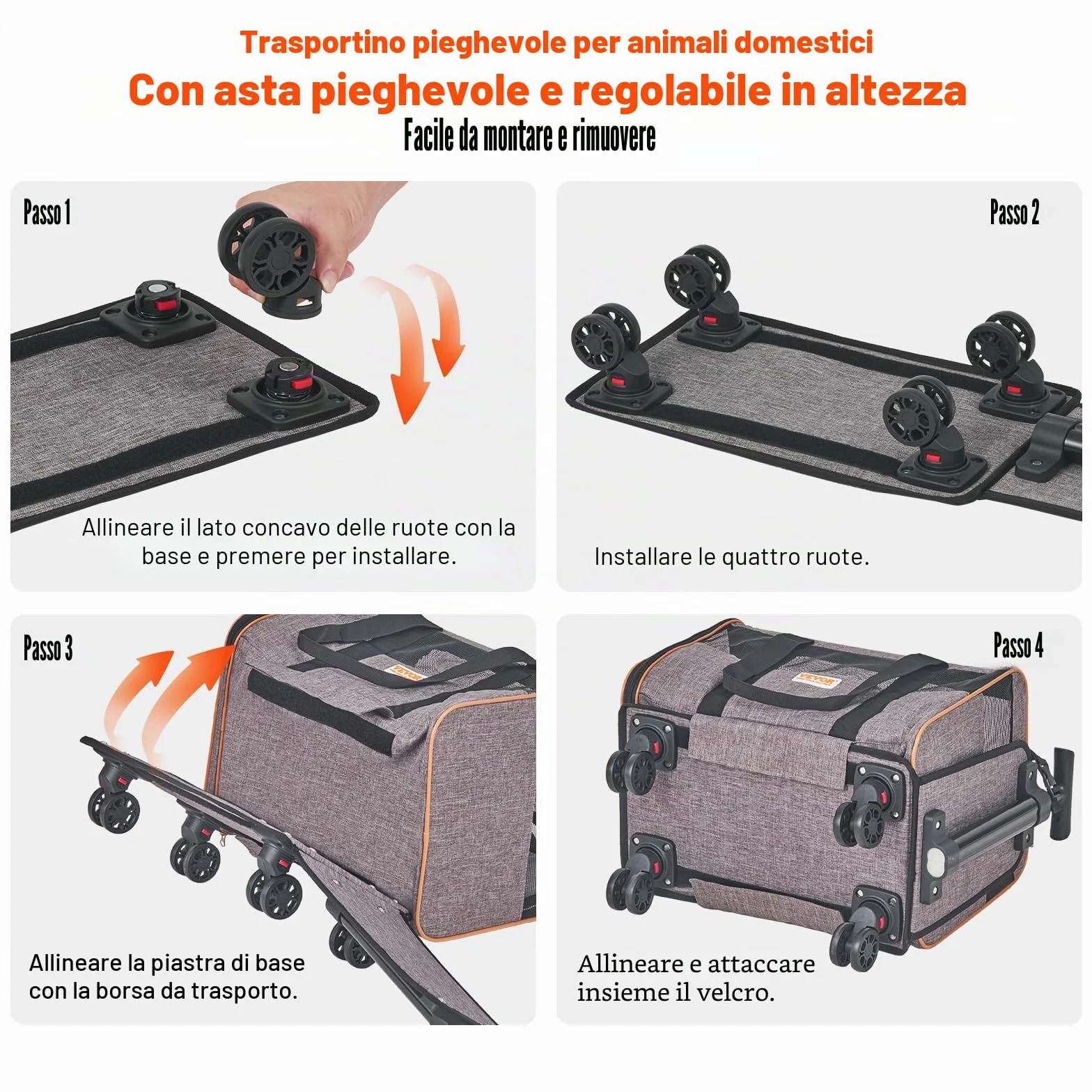 VEVOR Trasportino per Cani e Gatti con Maniglia Telescopica e Ruote, Carico Massimo 9,9 kg Borsa Porta Animali Domestici Approvato dalla Compagnia Aerea, Tessuto Oxford 600D Cerniera Autobloccante