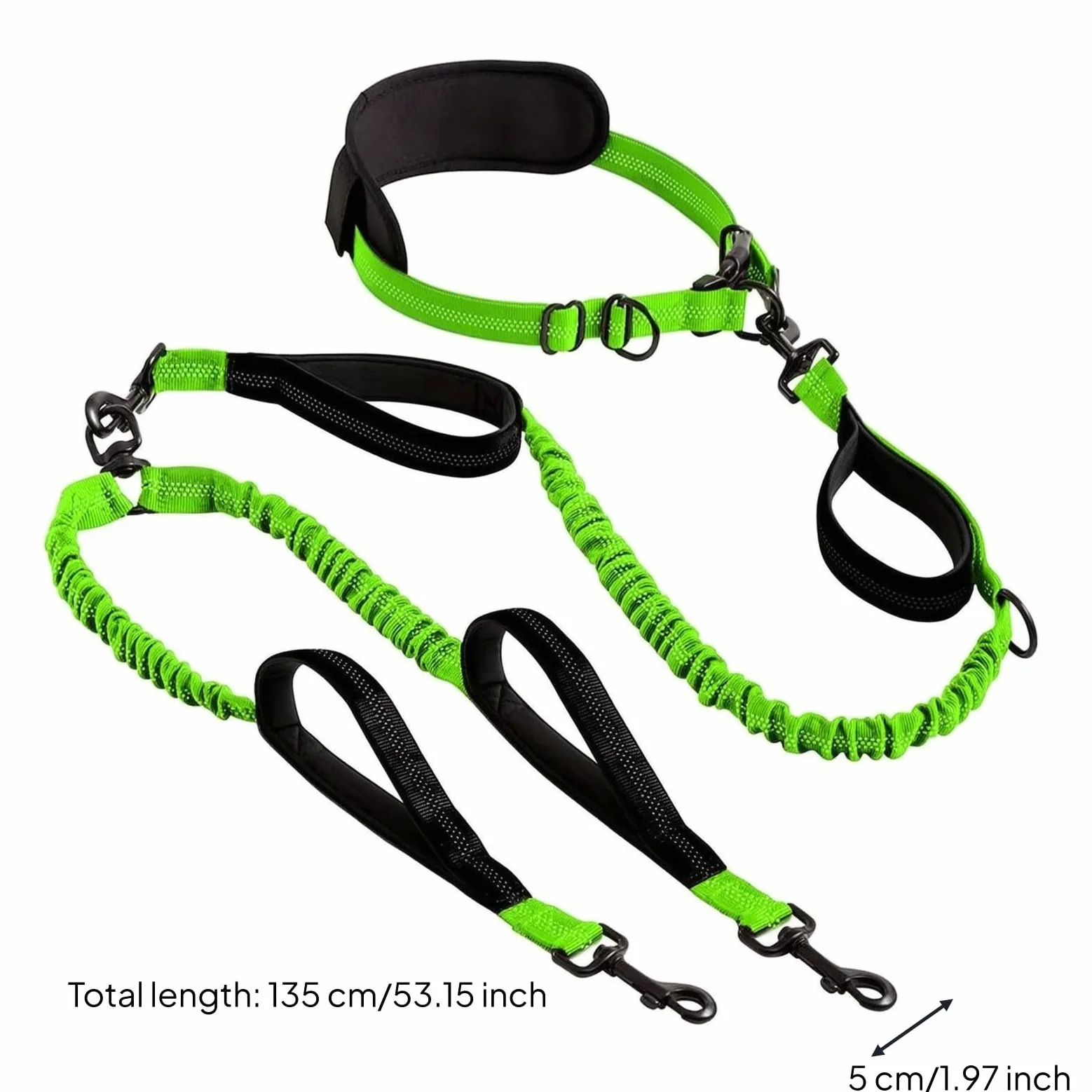 Guinzaglio a Doppia Testa Guinzaglio Elastico con Bungee Guinzaglio per Cani Guinzaglio Cintura da Corsa con Cintura in Vita con Maniglie per, Verde