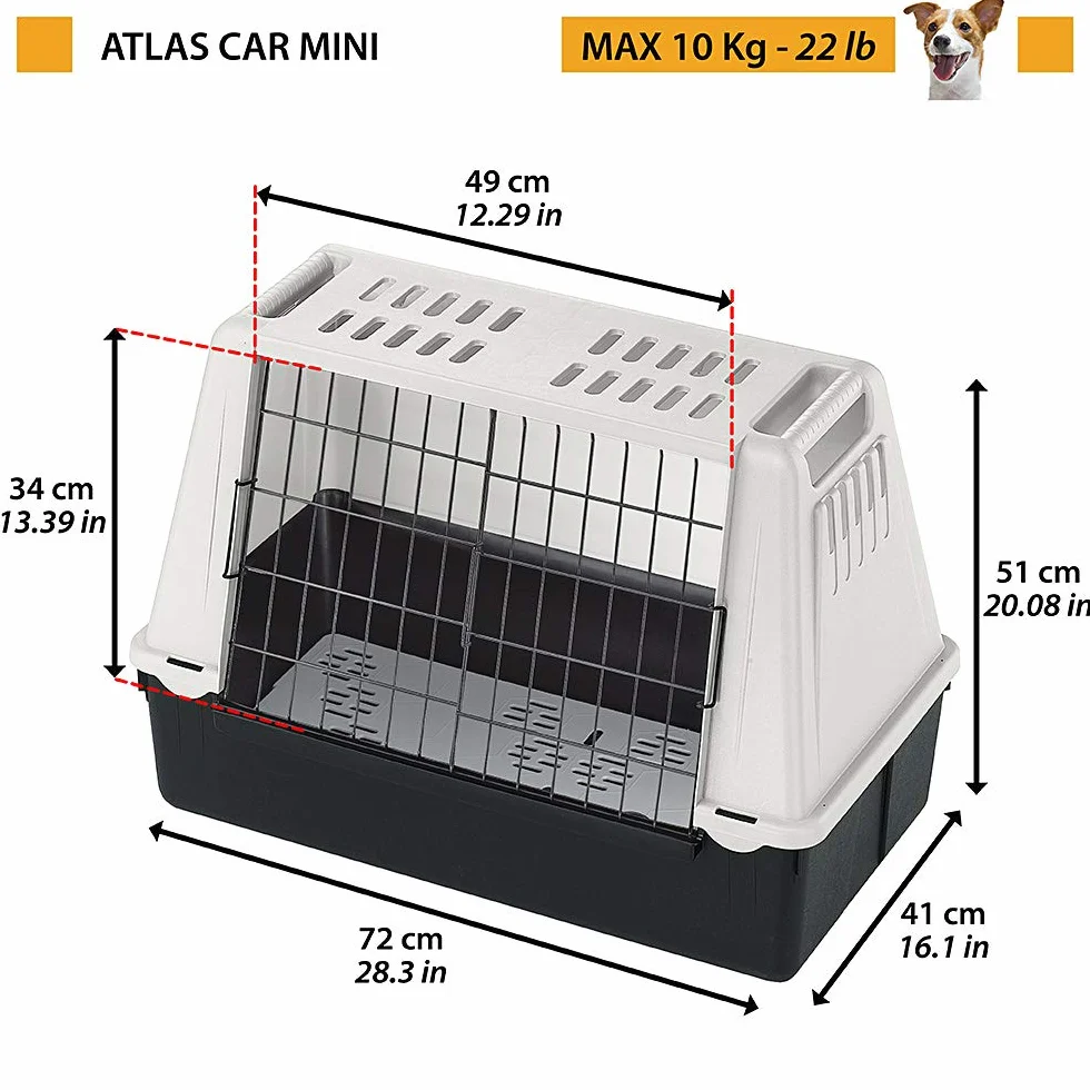 Ferplast ATLAS CAR MINI Trasportino per Cani da Auto con Tappeto Drenante, Maniglie, Griglia Ventilazione, Doppia Apertura Scorrevole con Chiusura Sicura, Max 10 kg, 72 x 41 x h 51 cm