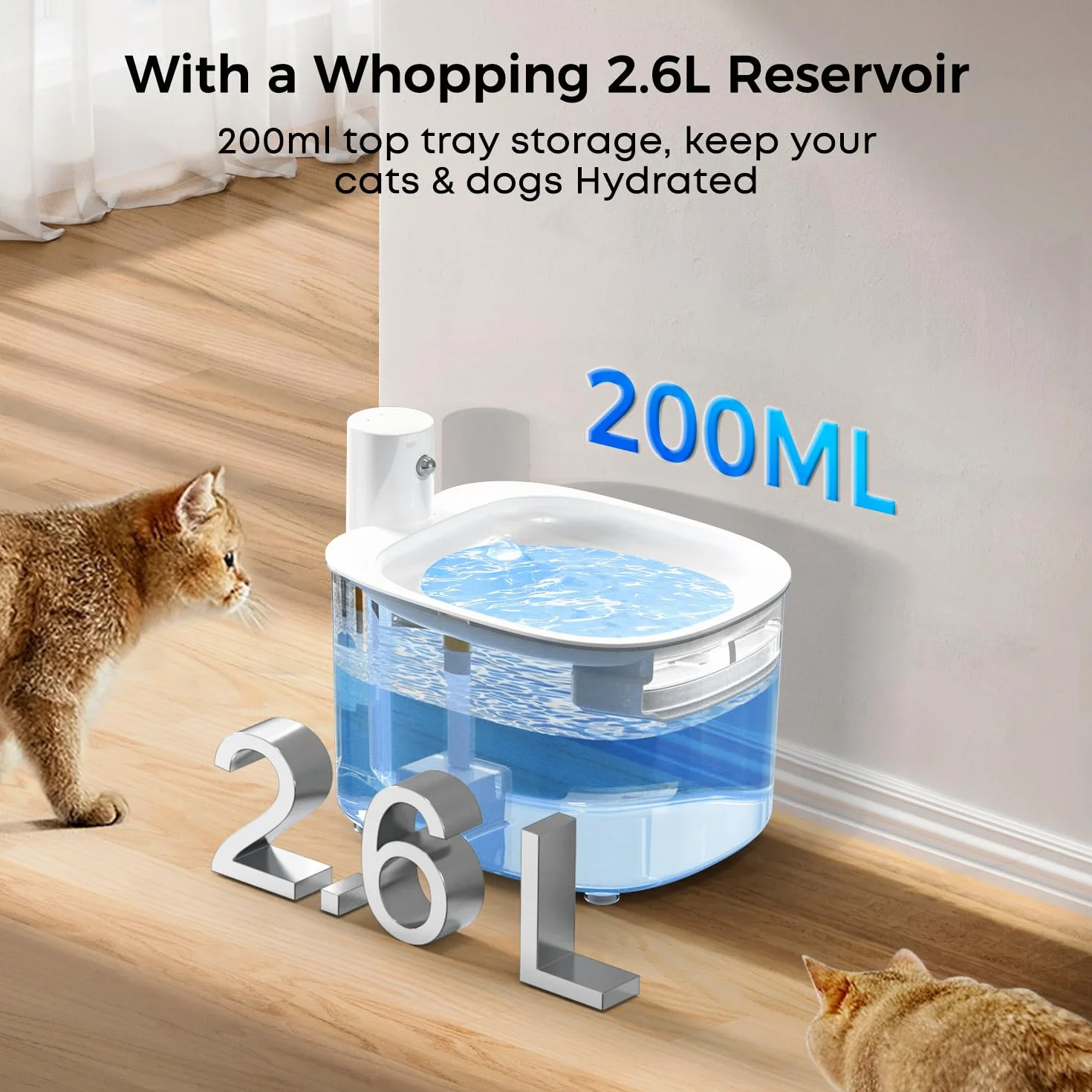 Fontanella per Gatti Senza Fili - Batteria con Sensore di Movimento -2.6L Fontana Automatico D'acqua Cani con Pila 3000mAh Ricaricabile Distributore Silenzioso Abbeveratoio - Dispenser Acqua Animali
