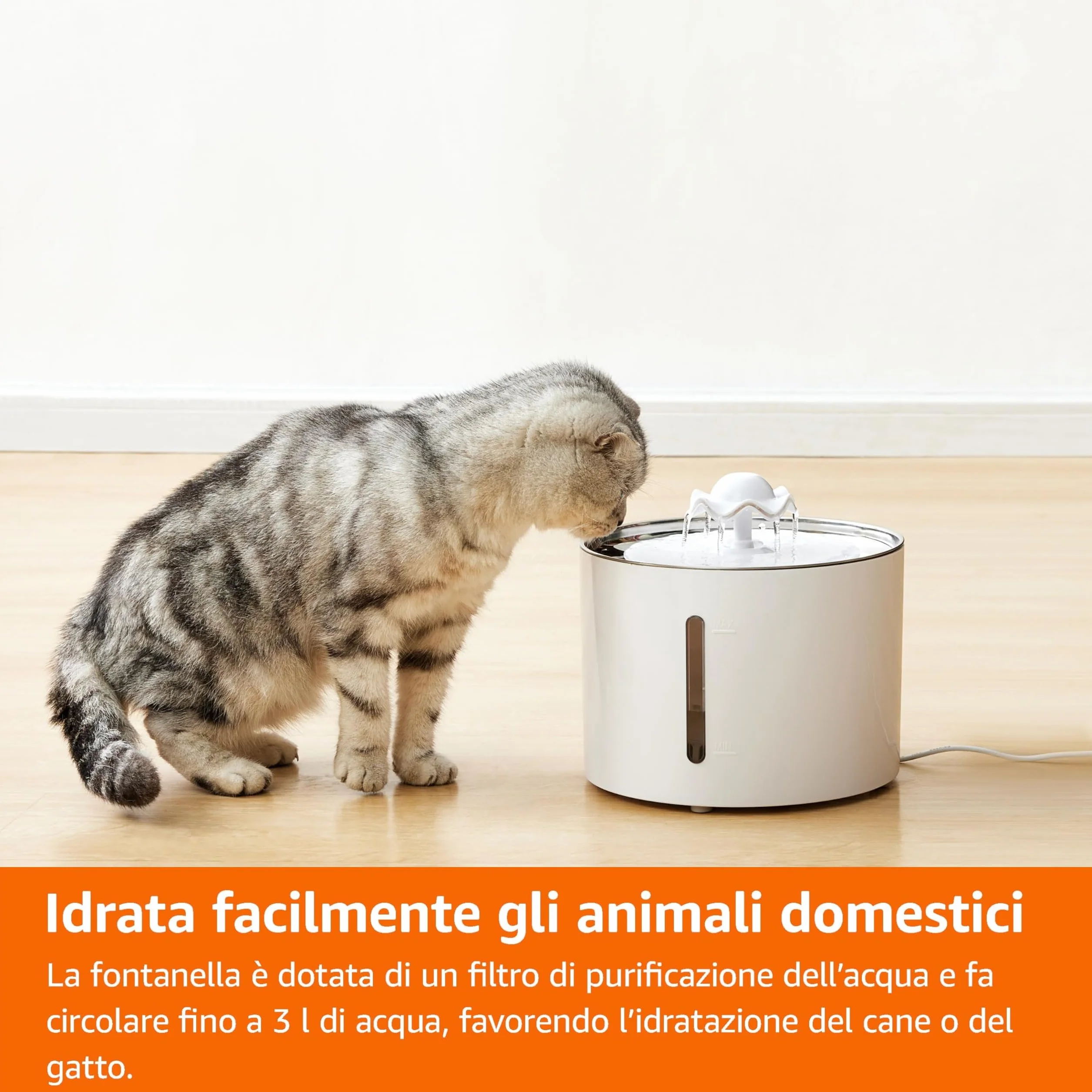 Amazon Basics Fontana d'acqua per gatti in acciaio inossidabile con 3 filtri, 3 L, Bianco