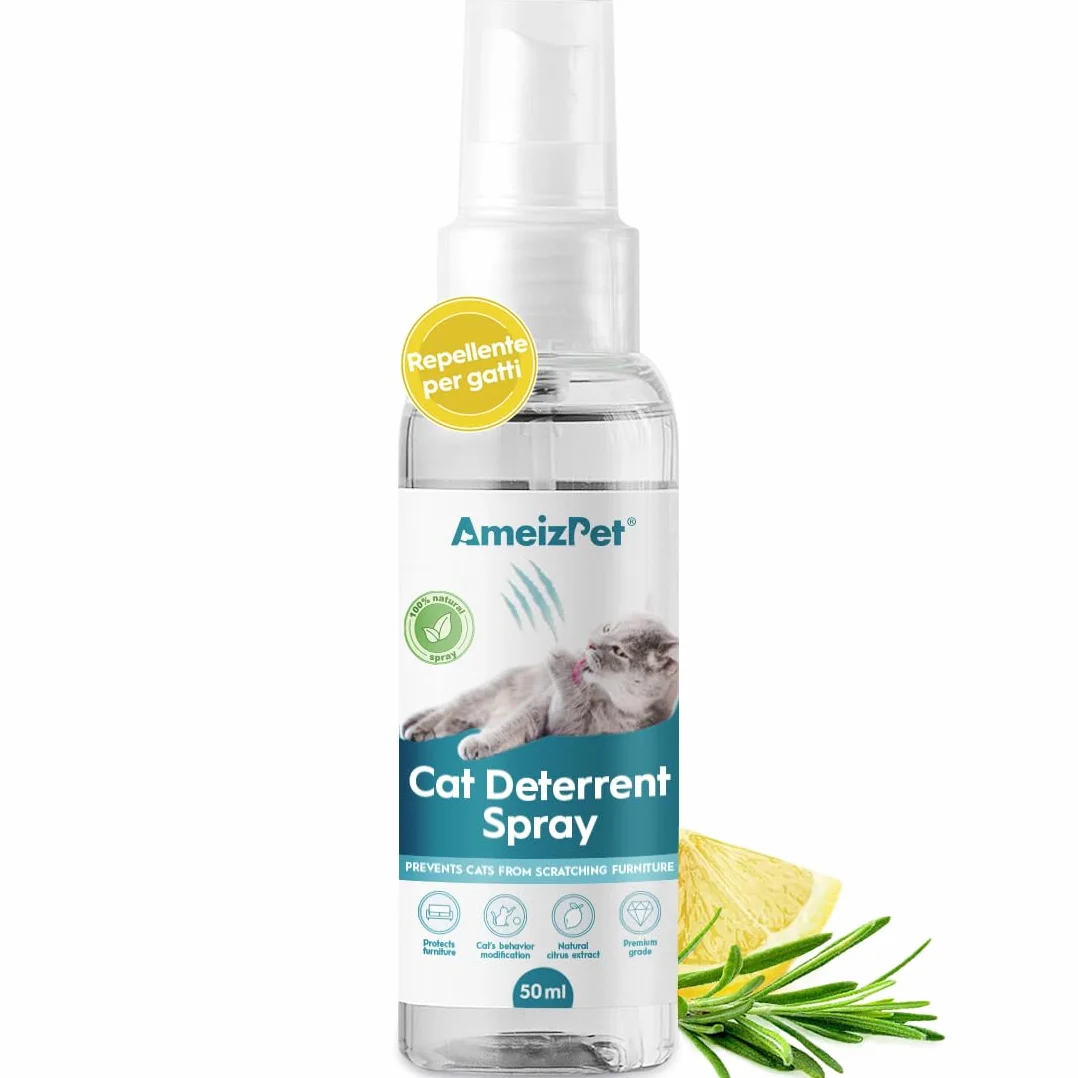 AmeizPet Spray Disabituante per Gatti, Repellente per Gatti, Smetti di Graffiare Mobili, Tappeti, Tende e Piante, Soluzione Sicura ed Efficace, Uso Interno & Esterno, 50 ml (1,69 FL oz)
