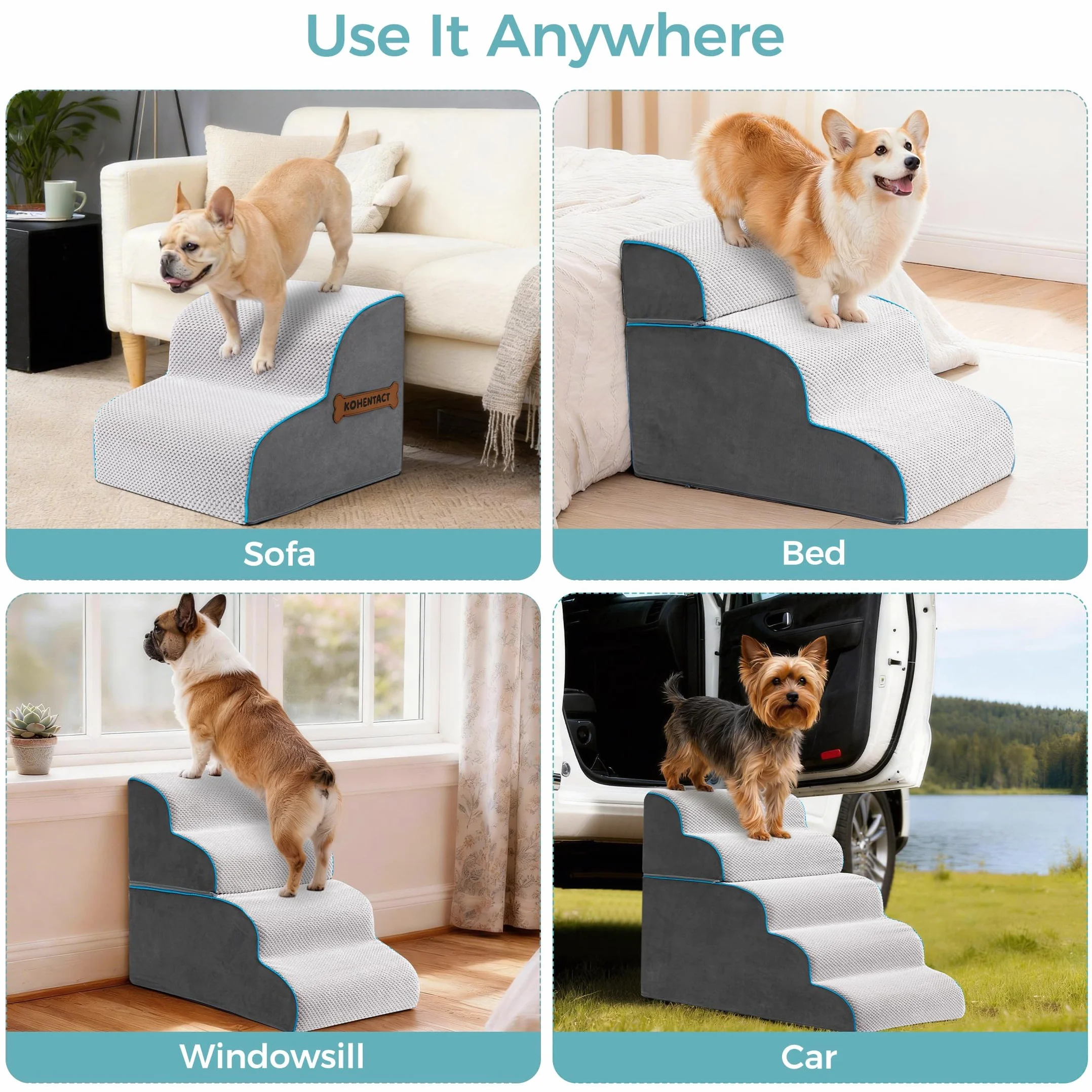 Scaletta per Cani e Rampa per Letto 33-61 cm Scala Rimovibile Schiuma 40D Antiscivolo Grigio