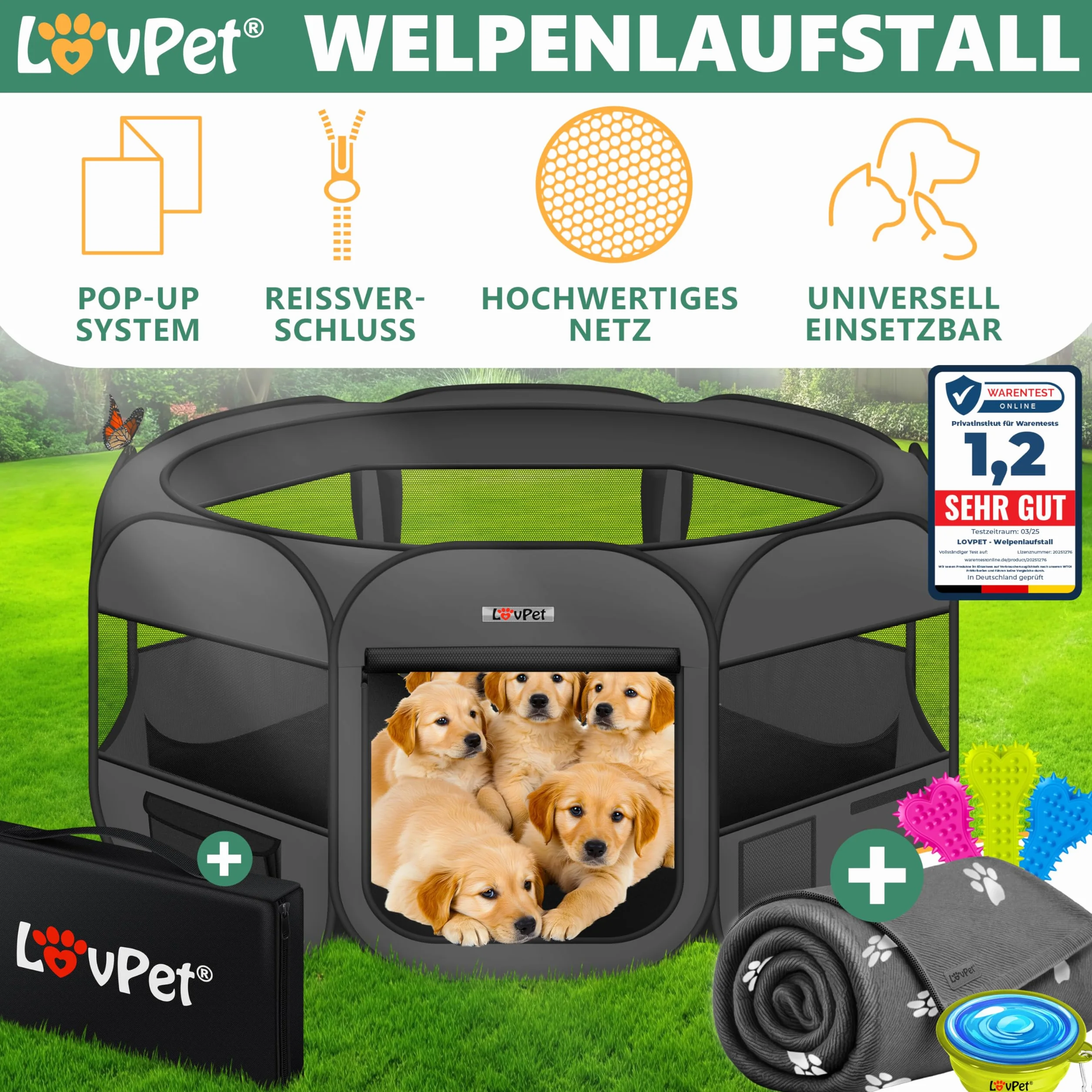 Lovpet® Recinto per Cuccioli - recinto per Animali Pieghevole per Piccoli Animali, Gatti, incl. Ciotola - Box - Recinzione - Tessuto Oxford - Sistema Pop-up