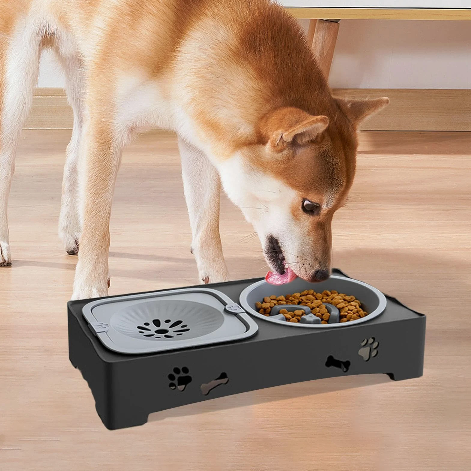 Mangiatoia a doppia ciotola per cibo lento per animali domestici, distributore di acqua per animali domestici, 42 x 24 x 8 cm, facile da pulire, mangiatoia e dispenser d'acqua per cuccioli di piccola
