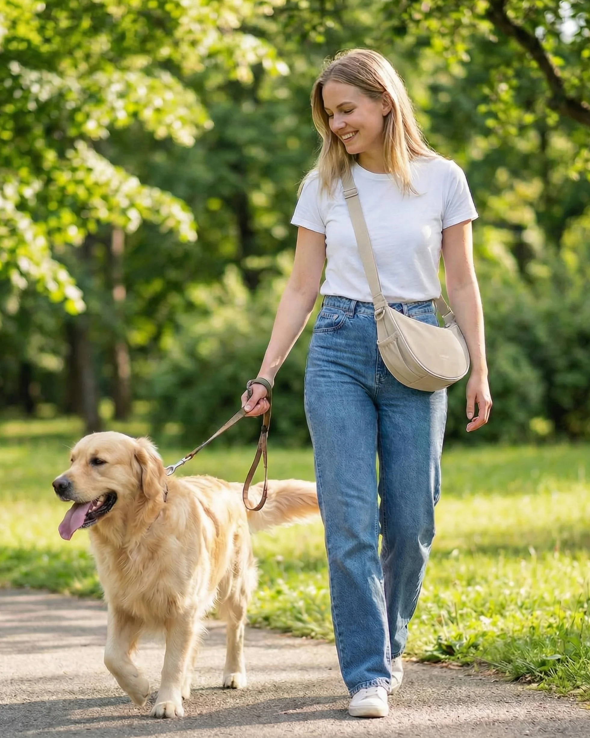 LARKSON Half Moon Bag Borsa per Cani Beige - Fiete - Sacchetti per Addestramento Cani - Tasca Porta Snack con Dispenser di Sacchetti per i Bisogni - Borsa Riflettente per Passeggiate - Idrorepellente