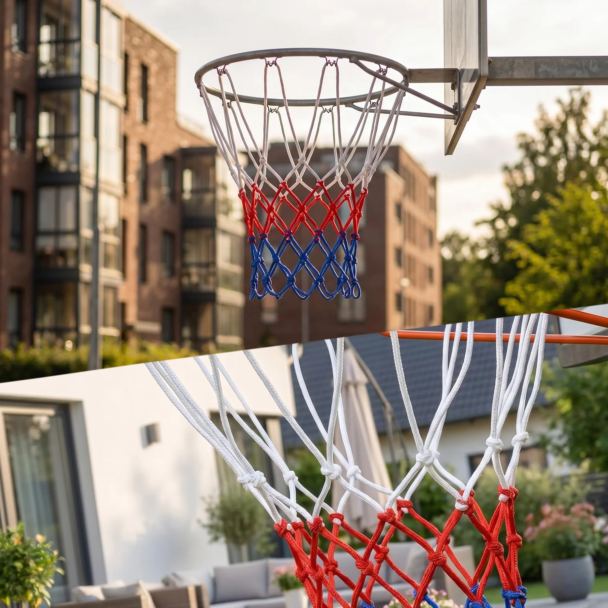 Reti da basket nylon bianco-rosso-blu 5,5 mm spessore 12 passanti rinforzate resistenti alle intemperie