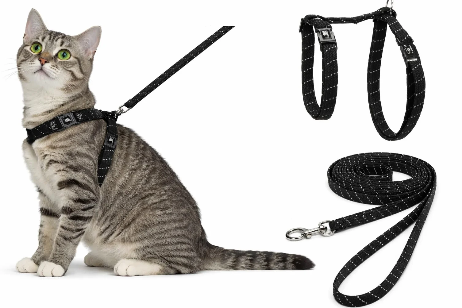 pettorina gatto - Elza nero - 22-32cm - 27-46cm - guinzaglio 110cm - nylon regolabile - riflettente - con moschettone