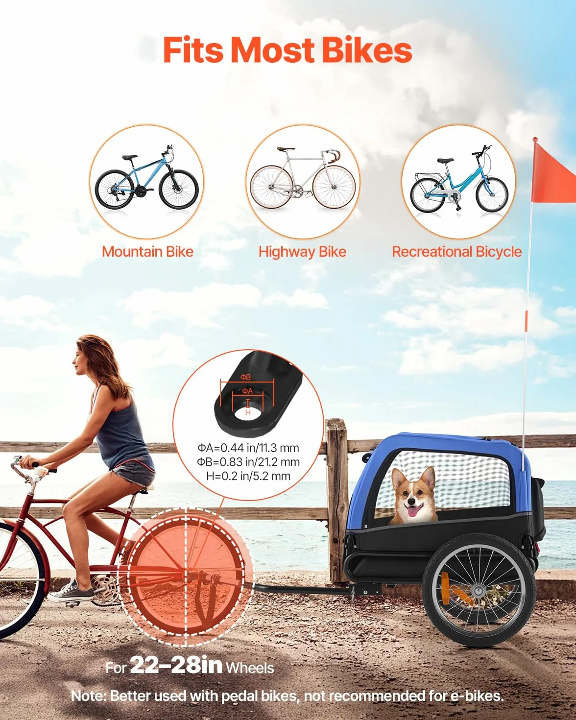 VEVOR Rimorchio per Bici per Cani, Supporta Fino a 30 kg, Carrello Portabici, Telaio Pieghevole con Ruota a Sgancio Rapido, Attacco Universale per Bicicletta, Riflettore, Bandiera Guinzaglio Interno
