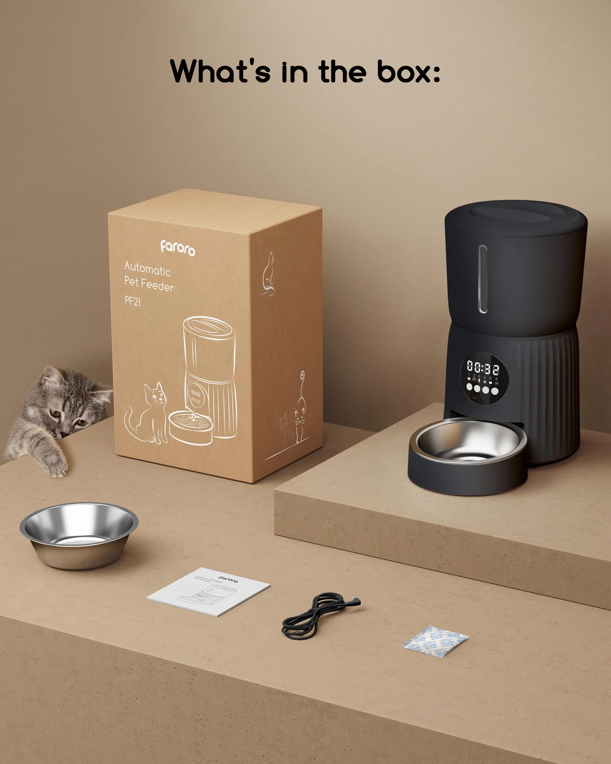 Distributore Automatico Cibo Gatti, Faroro 4L Dispenser Crocchette Gatto con 1-6 Pasti Al Giorno, Porzioni Regolabili, Voce 10s, Alimentazione Lenta (Nero)