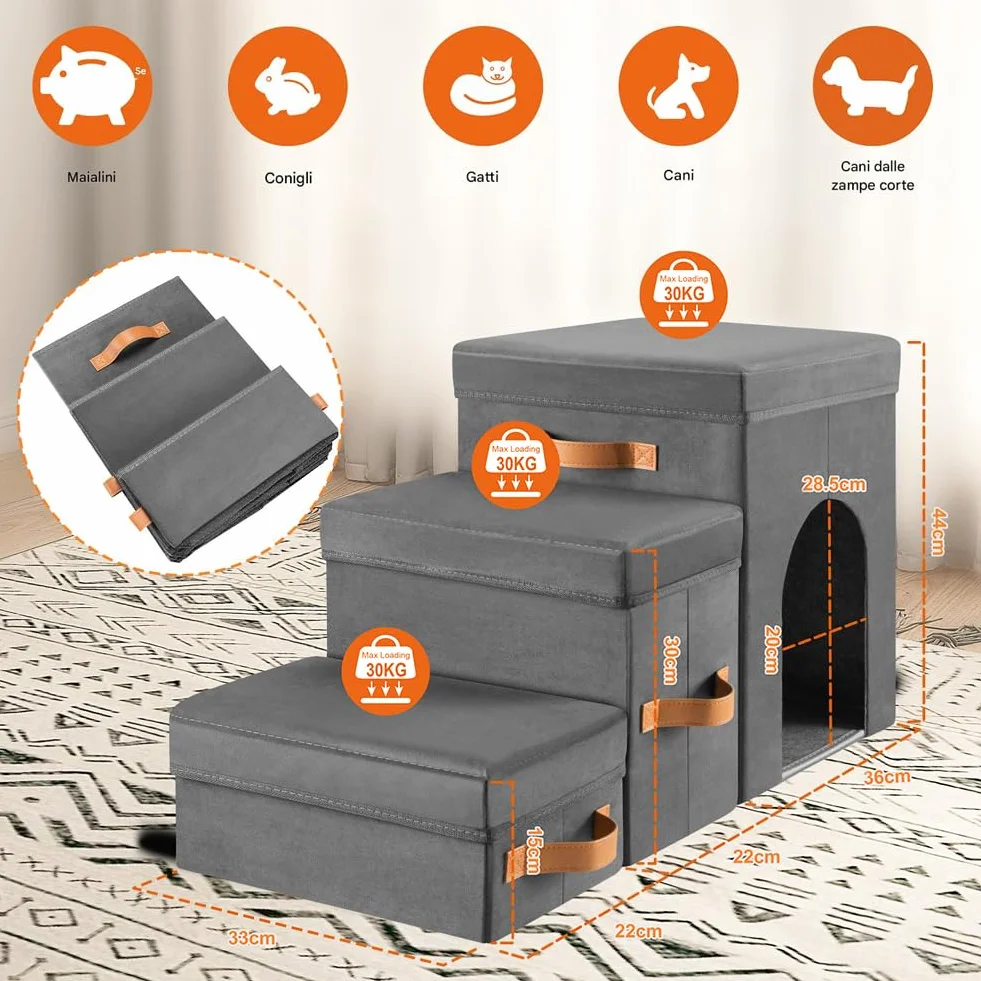 BAKAJI Pieghevole Scala per Cani e Gatti 3in1 Velluto Grigio, Scaletta per Animali Domestici Multifunzione con Contenitore e Cuccia, Antiscivolo
