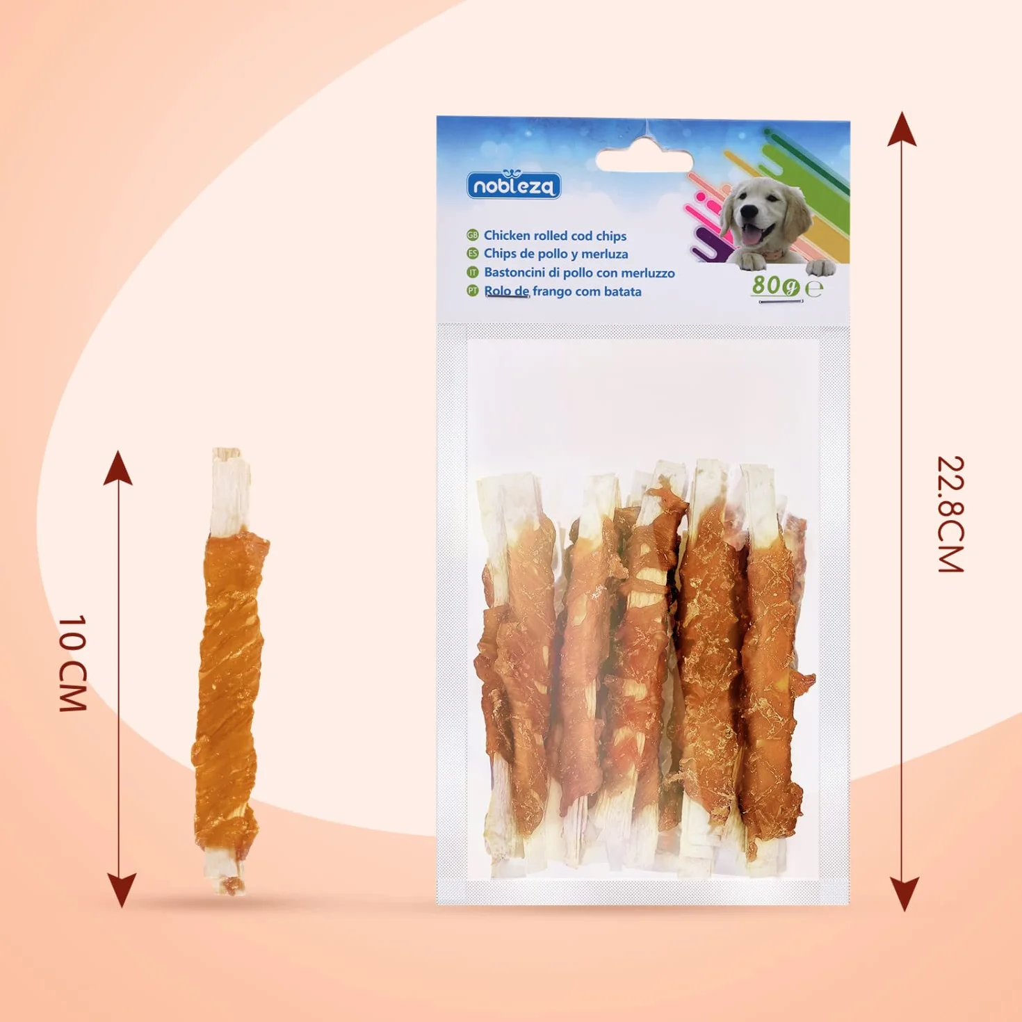 Nobleza - Snack per Cani, Bastoncini Masticabili con Carne e Merluzzo di Pollo, Snack Naturale per Cuccioli di Cane, L10 cm, 6 Confezioni x 80 g