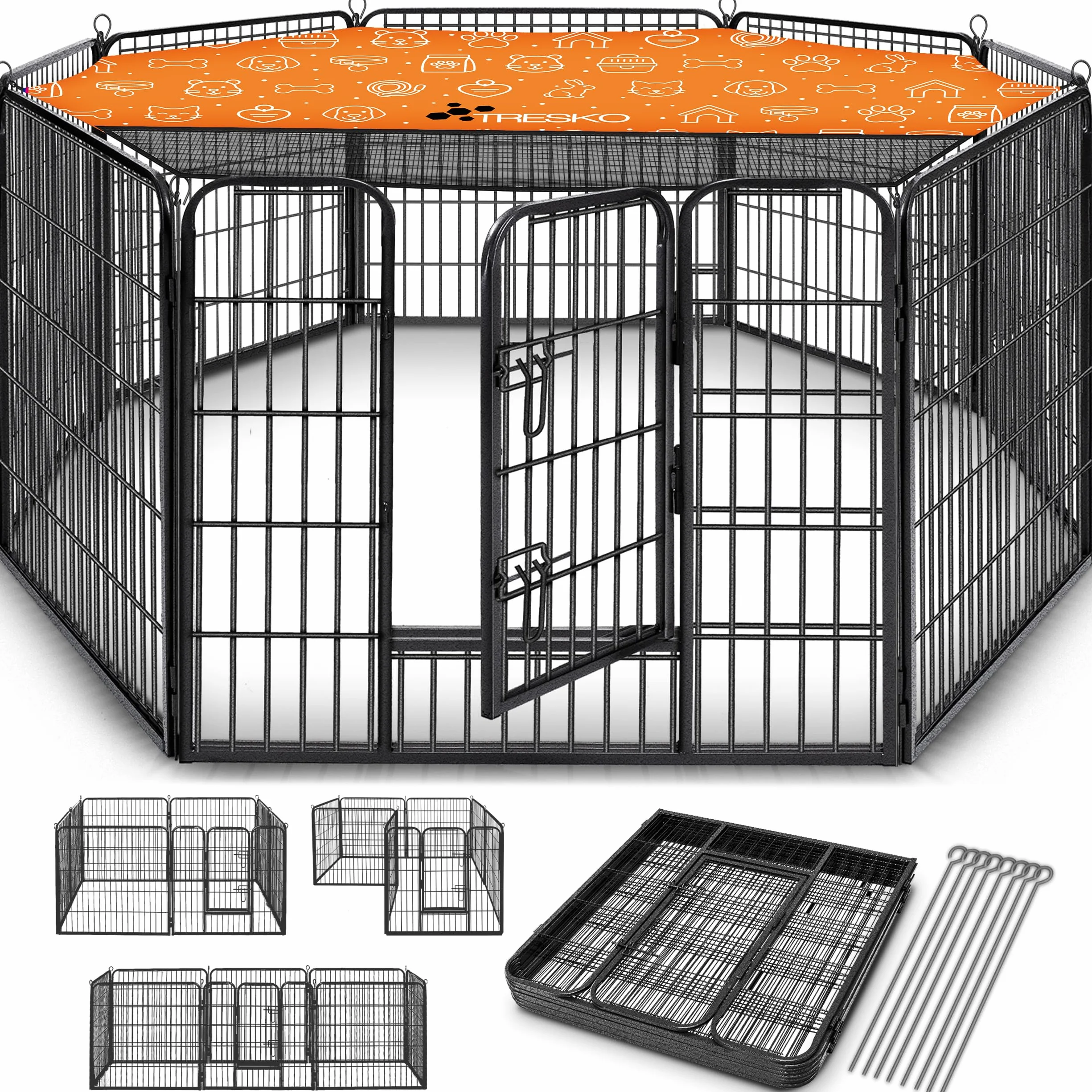 TRESKO® Recinzione Recinto 80 cm per Cani, Gabbia per Cuccioli con 8 picchetti inclusi, Box in Metallo Robusto (77 x 60 cm)