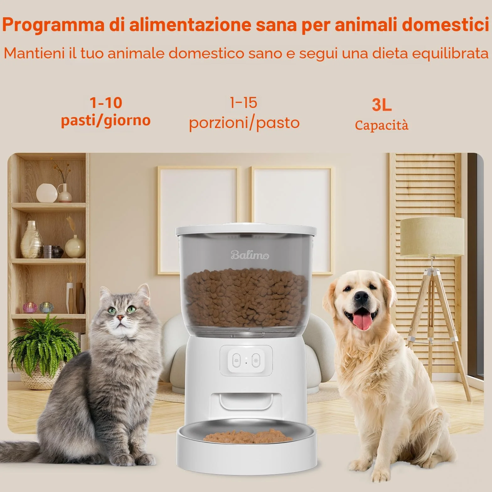 Balimo Distributore Automatico Cibo Gatti, 2.4G WiFi Dispenser Crocchette Gatto, 3L Distributore Automatico Cibo Cani, Adatto Controllo App, Da 1 a 10 Pasti al Giorno, Adatto Per Cani e Gatti, Bianco