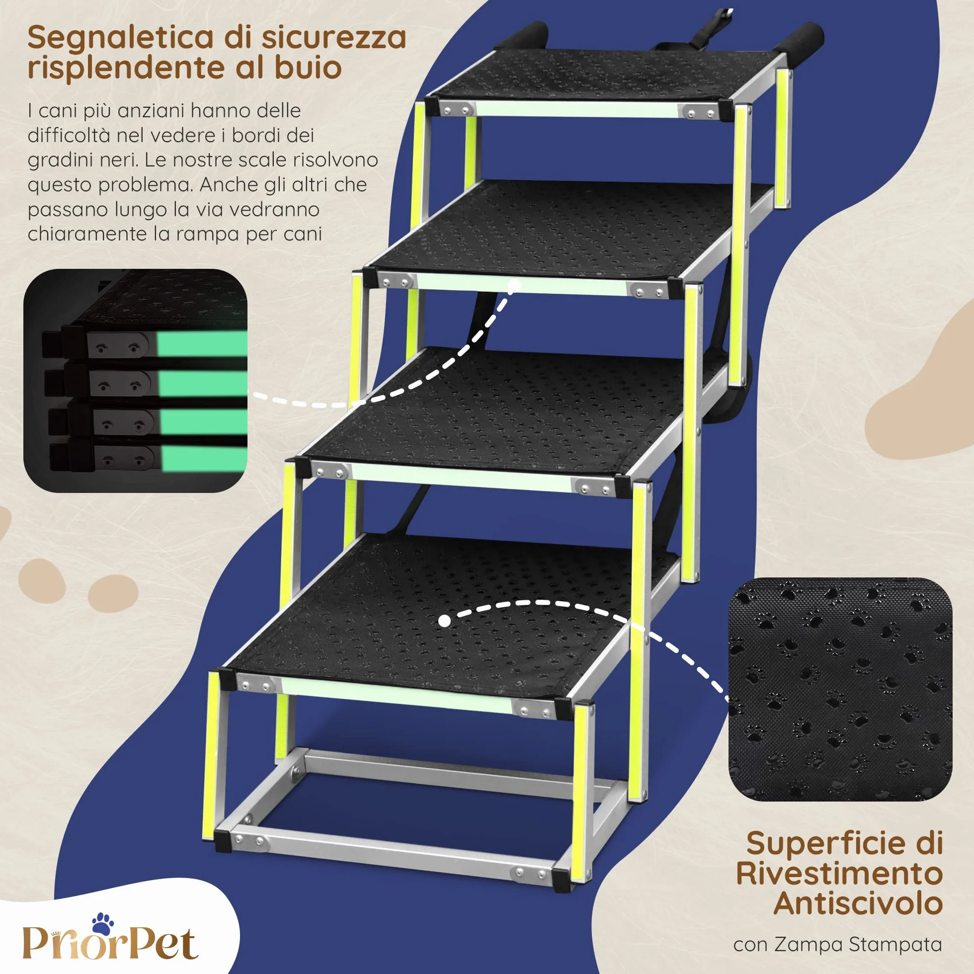 PRIORPET Rampa per Cani Pieghevole 4 Gradini Antiscivolo Riflettente 77 kg