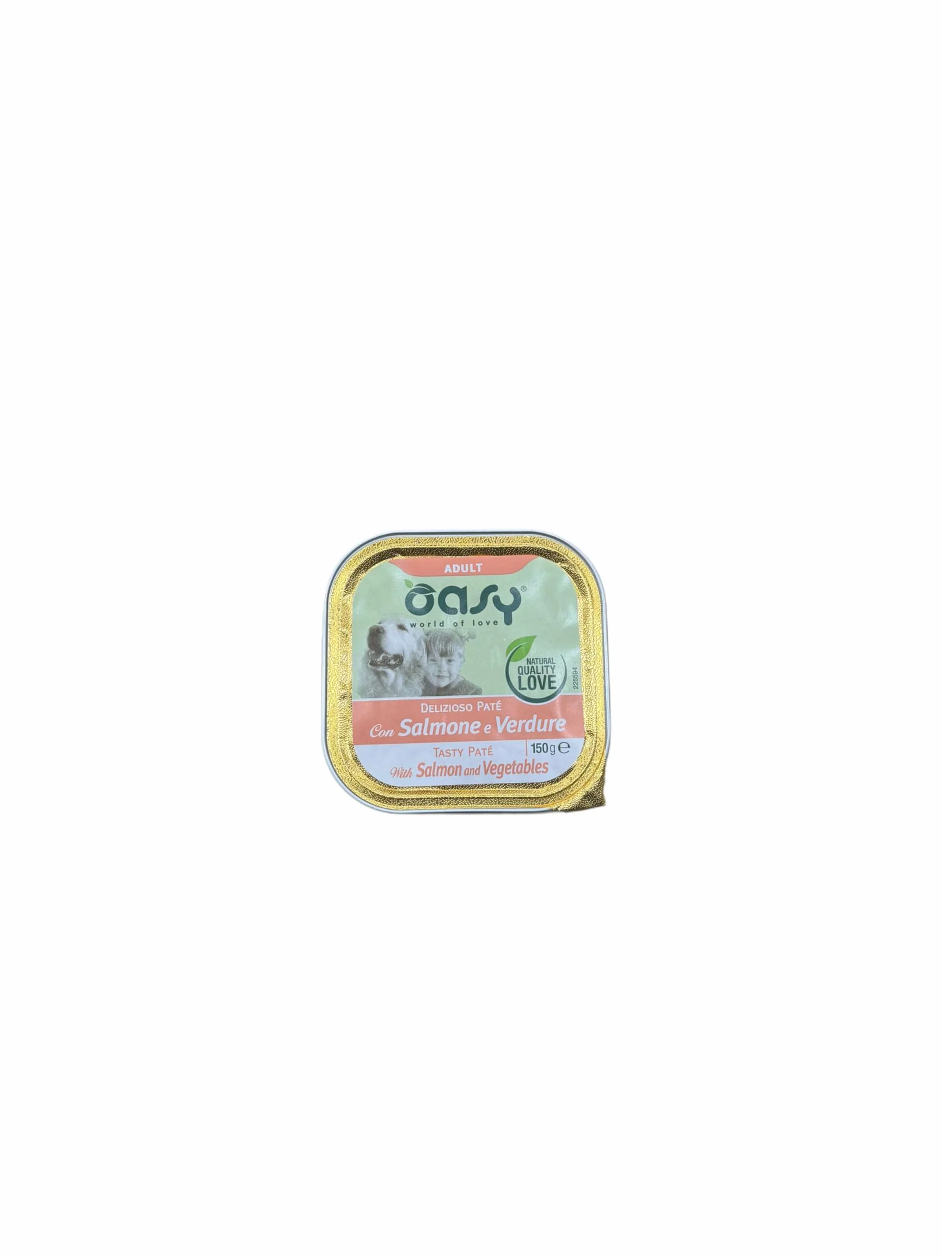 Oasy delizioso patè per cani adulti di tutte le taglie, gusto SALMONE e VERDURE | 11 vaschette da 150 grammi l'una.