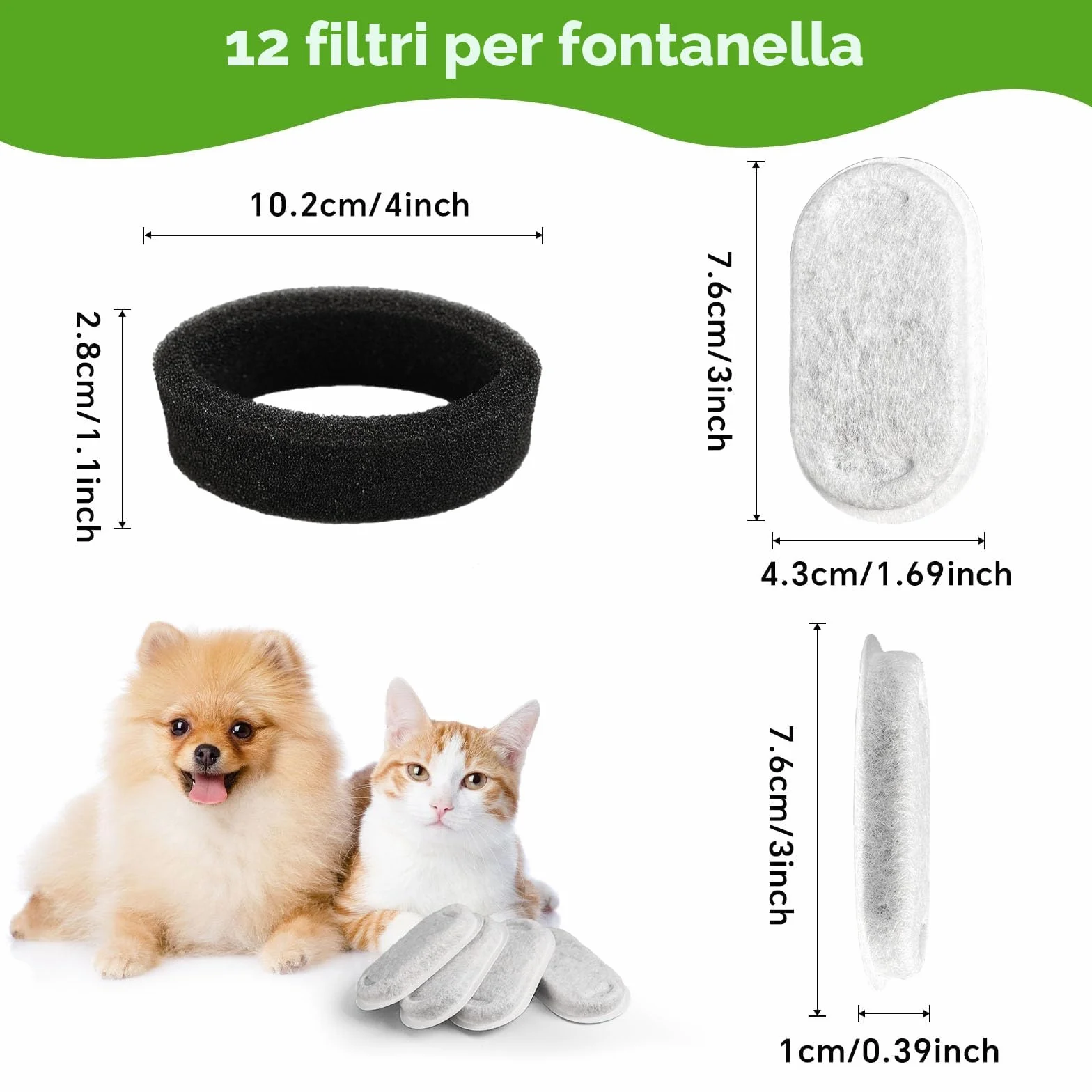 KOMABLEN 24 Pezzi Filtri Fontanella per Gatti, Filtro con 12 Filtro Carboni Attivi e 12 Spugna In Schiuma, Tripla Filtrazione Filtri Fontana Gatto Cappa, Cani Filtri di Ricambio per Acqua