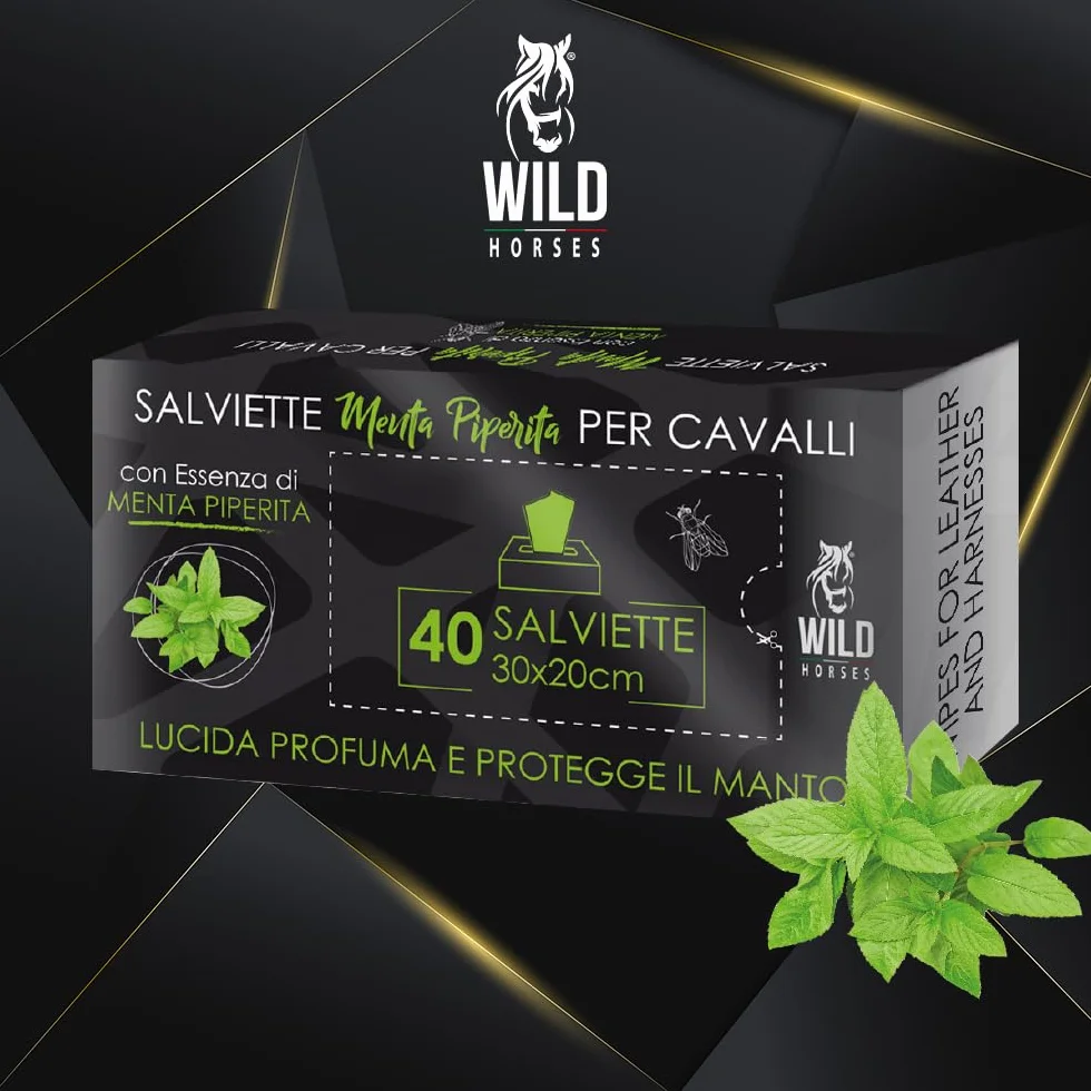 Wild Horses | Salviette Detergenti per Cavalli, Ideali per Lucidare, Profumare e Proteggere il Manto, Menta Piperita, 40 Pz, 30x20cm