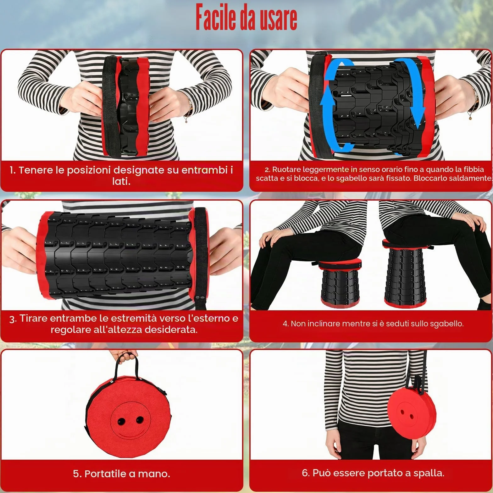 Sgabello Pieghevole Portatile Telescopico da Campeggio Altezza Regolabile 180 kg Rosso