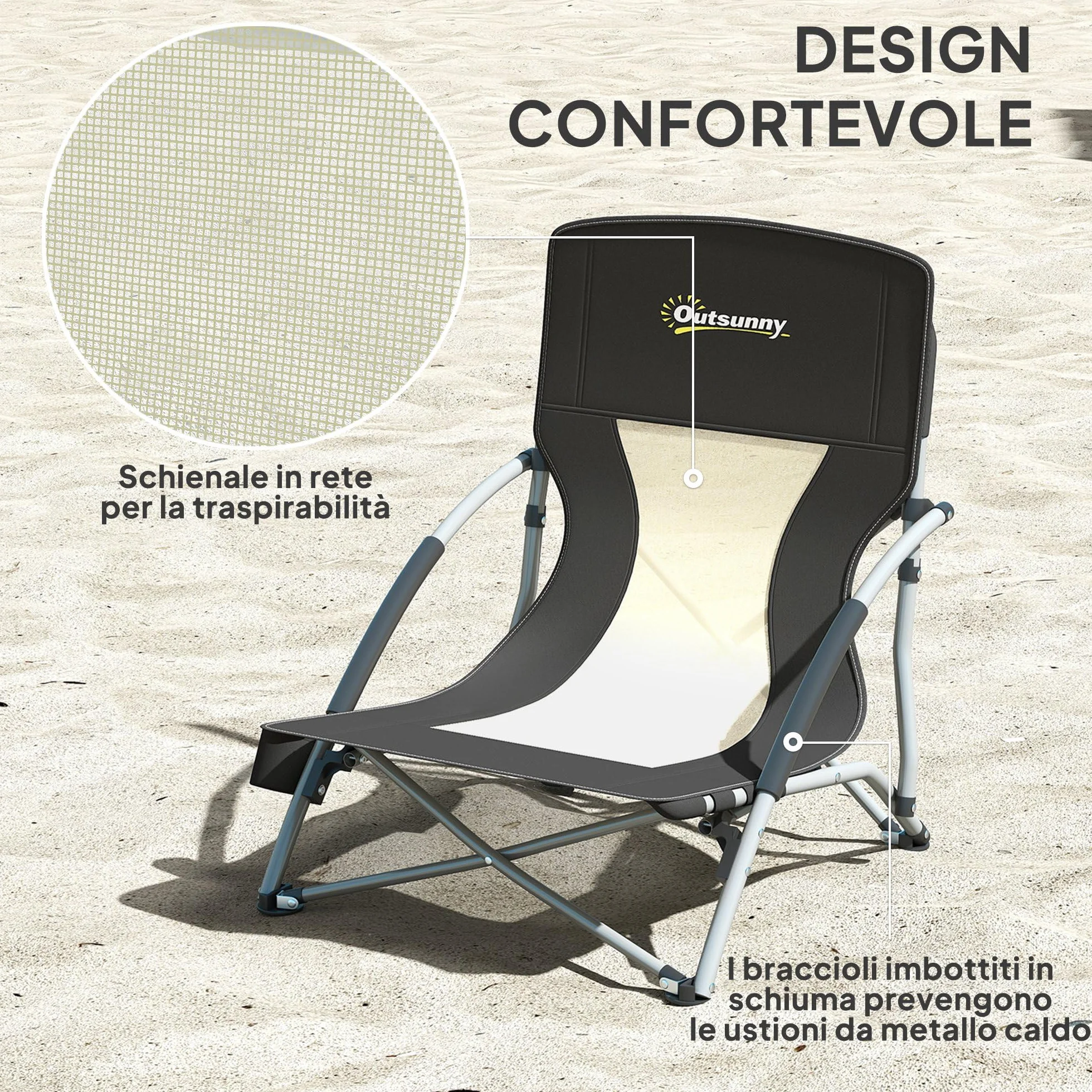 Outsunny Sedia da Spiaggia Pieghevole con Schienale a Rete e Braccioli, Portabicchieri, Borsa Trasporto, Nero
