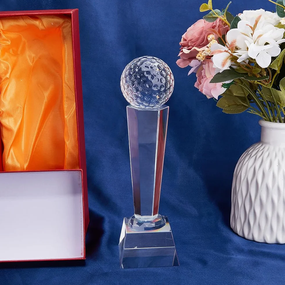 SUPERFINDINGS Trofeo da Golf in Vetro Cristallo 6.8x23cm Sfera di Cristallo di Quarzo Sintetico Trofei Premi Ornamenti con Custodia di Presentazione per Torneo di Golf per Adulti