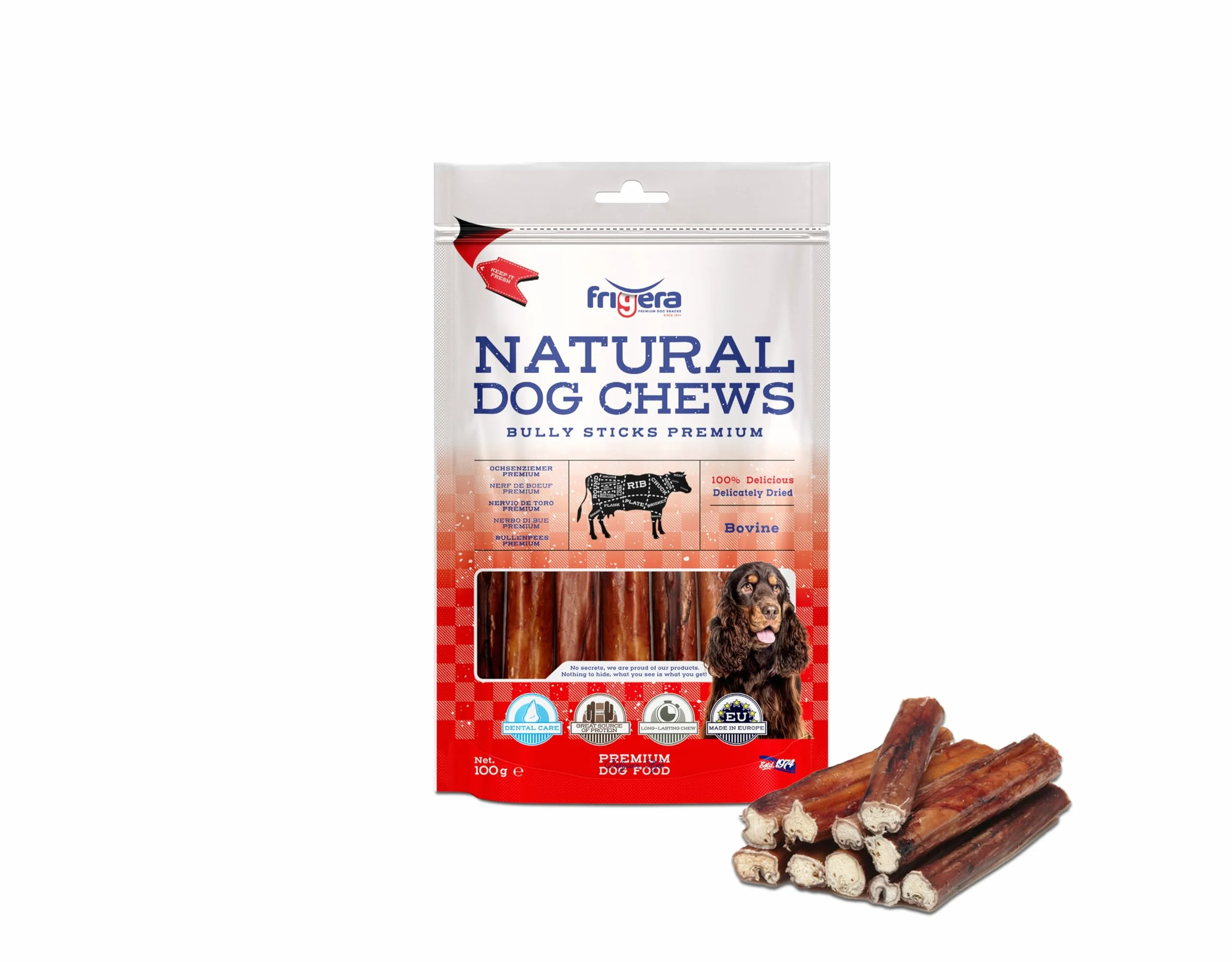 Frigera Cuccia di bue di alta qualità, 15 cm, 100 g, manzo, naturale, ricco di proteine, per cani, senza glutine e cereali, a lunga durata.
