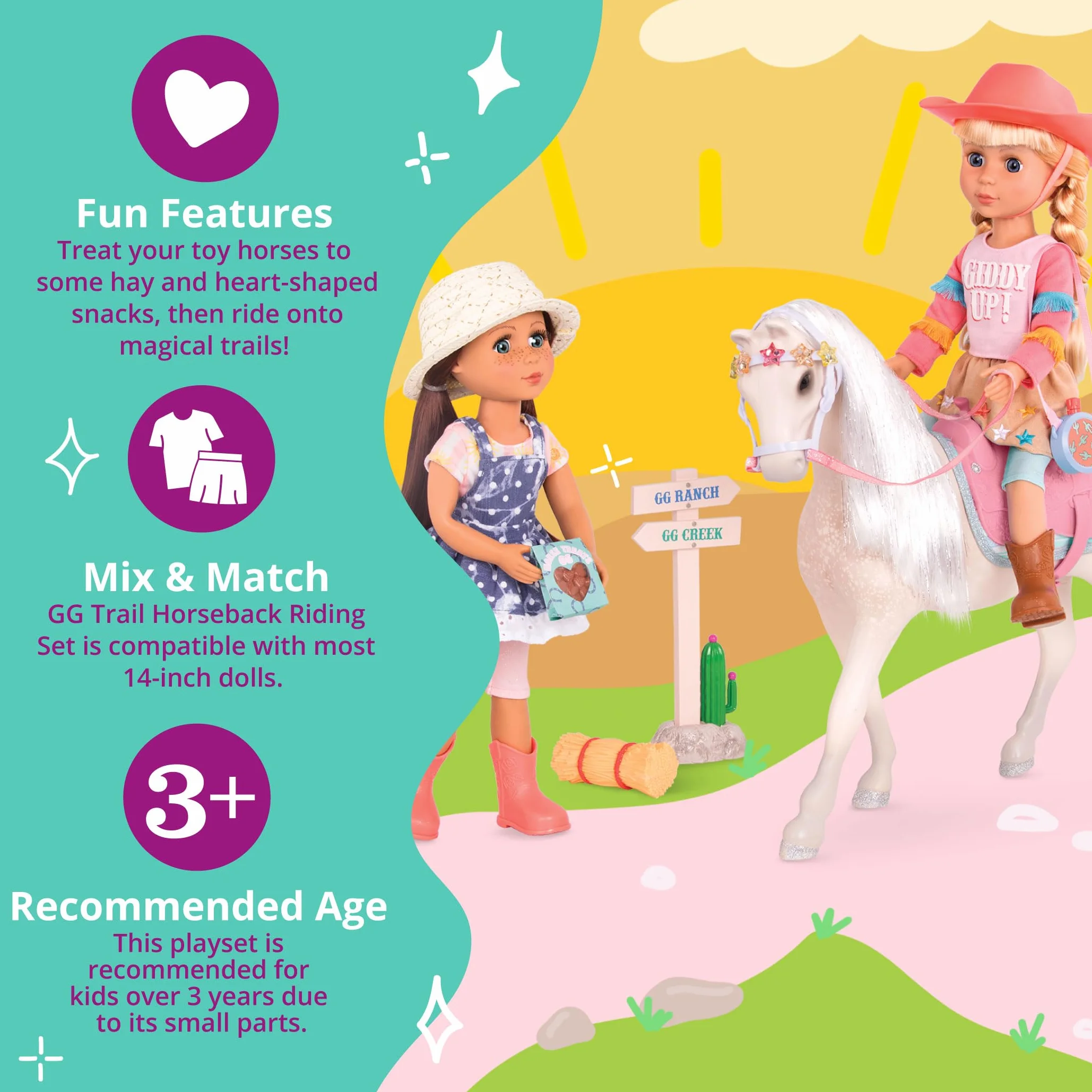 Glitter Girls - Set da equitazione GG Trail - Set di percorsi equestri - Accessori per bambole da 14 pollici - Sella, coperta, mensa - Segni di percorso e bocconcini per cavalli - 3 anni +