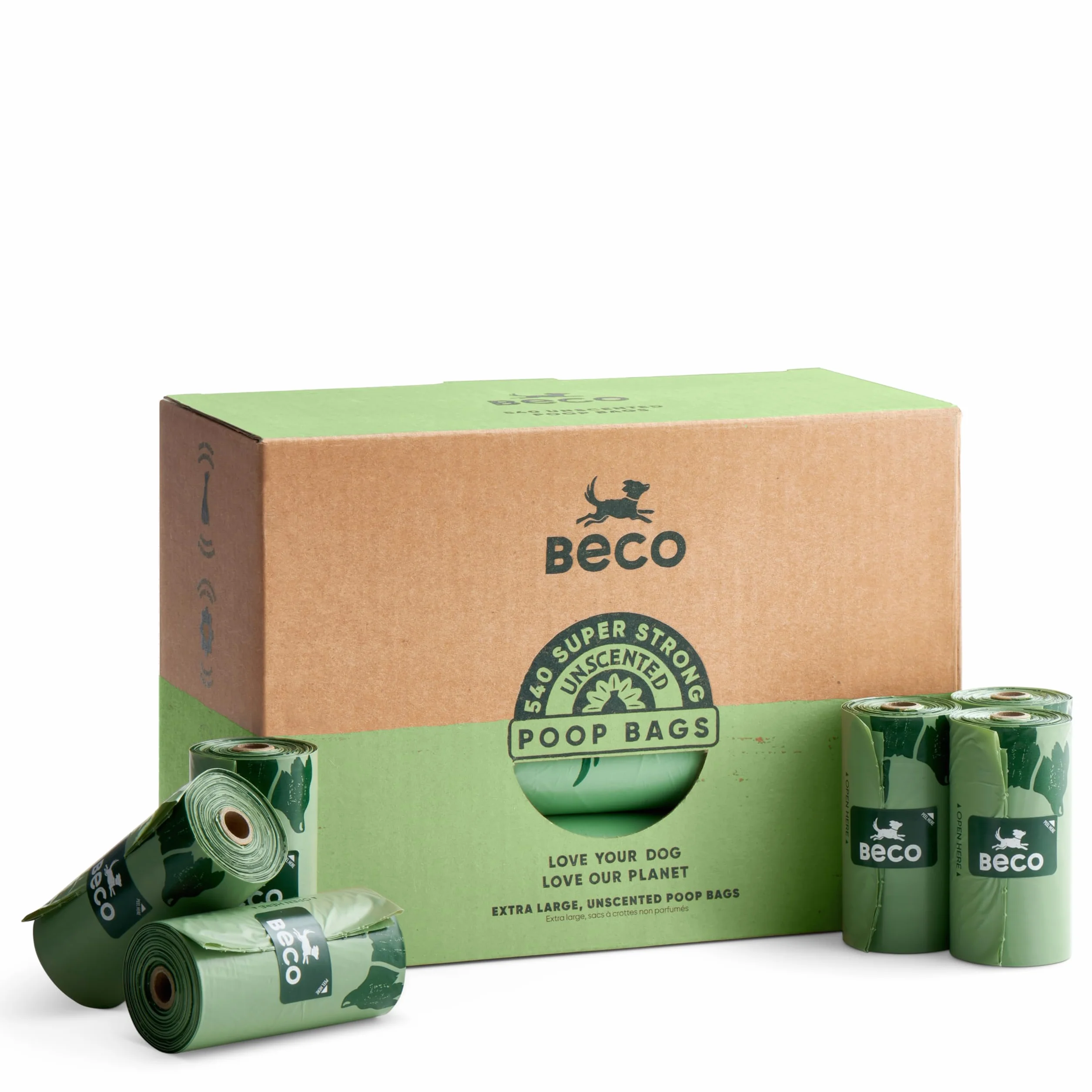 Beco Rotoli di sacchetti per escrementi di cani, forti e grandi, 540 sacchetti (36 rotoli da 15) senza profumo, dispenser compatibile per rifiuti di cani