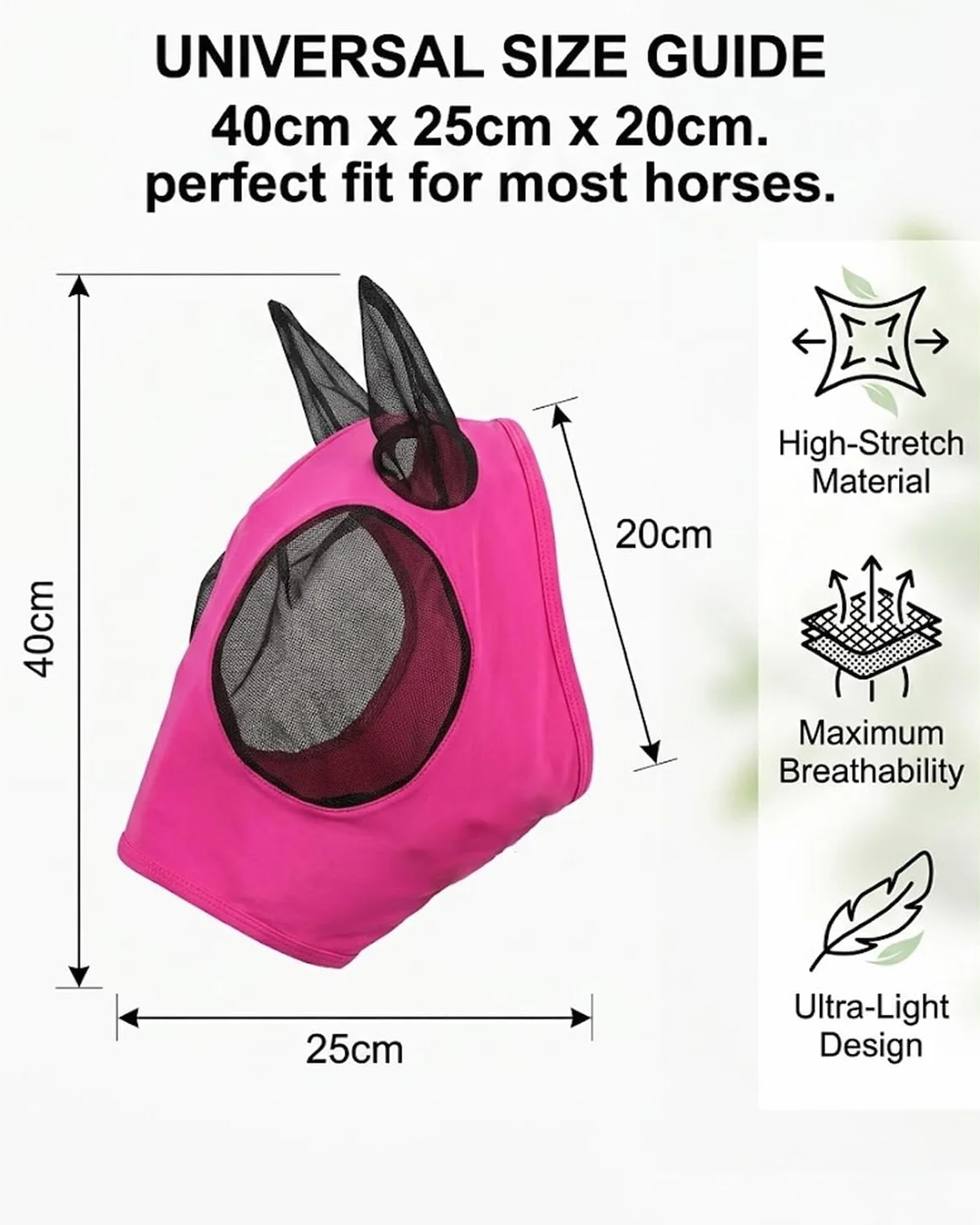 Mascherina per Cavalli Rosa Fucsia con Paraorecchie Protezione UV Insetti Rete Traspirante