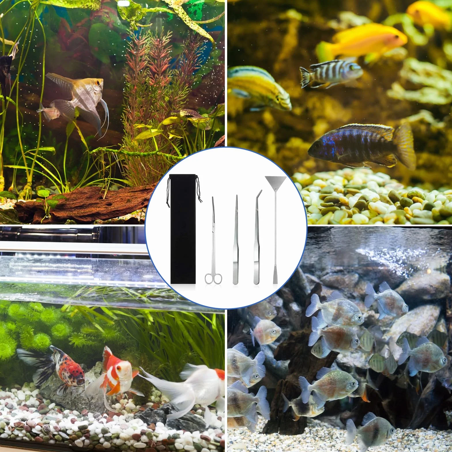 Set di Attrezzi per Acquario in Acciaio Inox 4 in 1 Pinzette Forbici Spatola