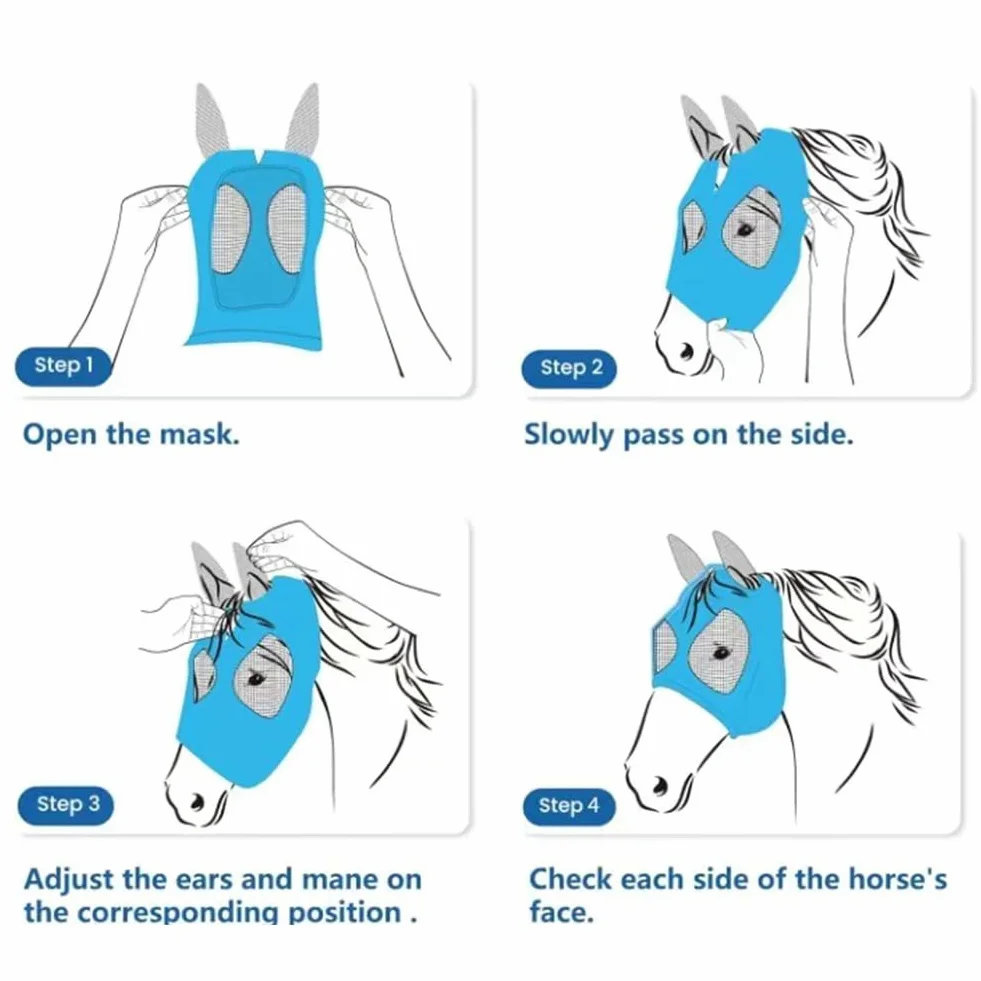 Maschera Anti-Mosche per Cavallo UV Protezione, Maschera Cavallo Antimosche,Maschera per mosche a cavallo,Leggera e Traspirante,con para Orecchie,per la Protezione del Cavallo,Blu