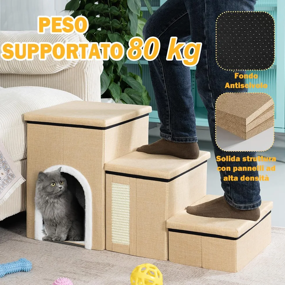 BAKAJI Pieghevole in Poliestere Beige Scala per Cani e Gatti 3in1 con Vano Contenitore e Cuccia Casetta, Gradini Ergonomiche, Fondo Antiscivolo