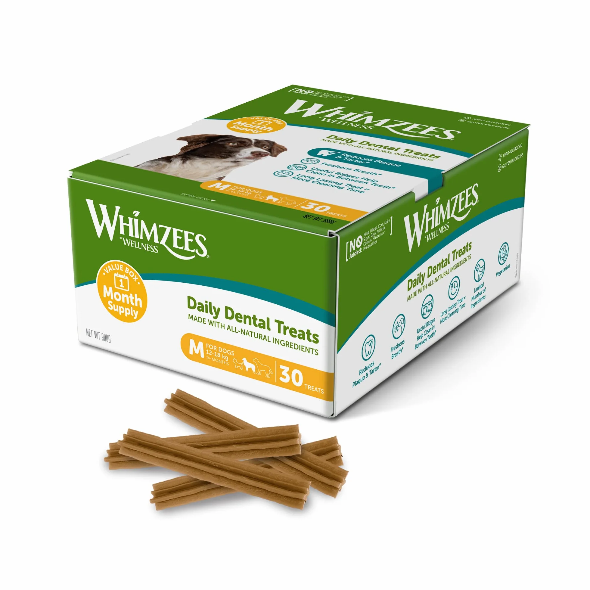 WHIMZEES Stix M, Fondo Mensile, 30 Pezzi – Taglia M, Snack per Cani di Taglia Media, Naturali & Senza Cereali, Vegetariane, Senza Zuccheri Aggiunti