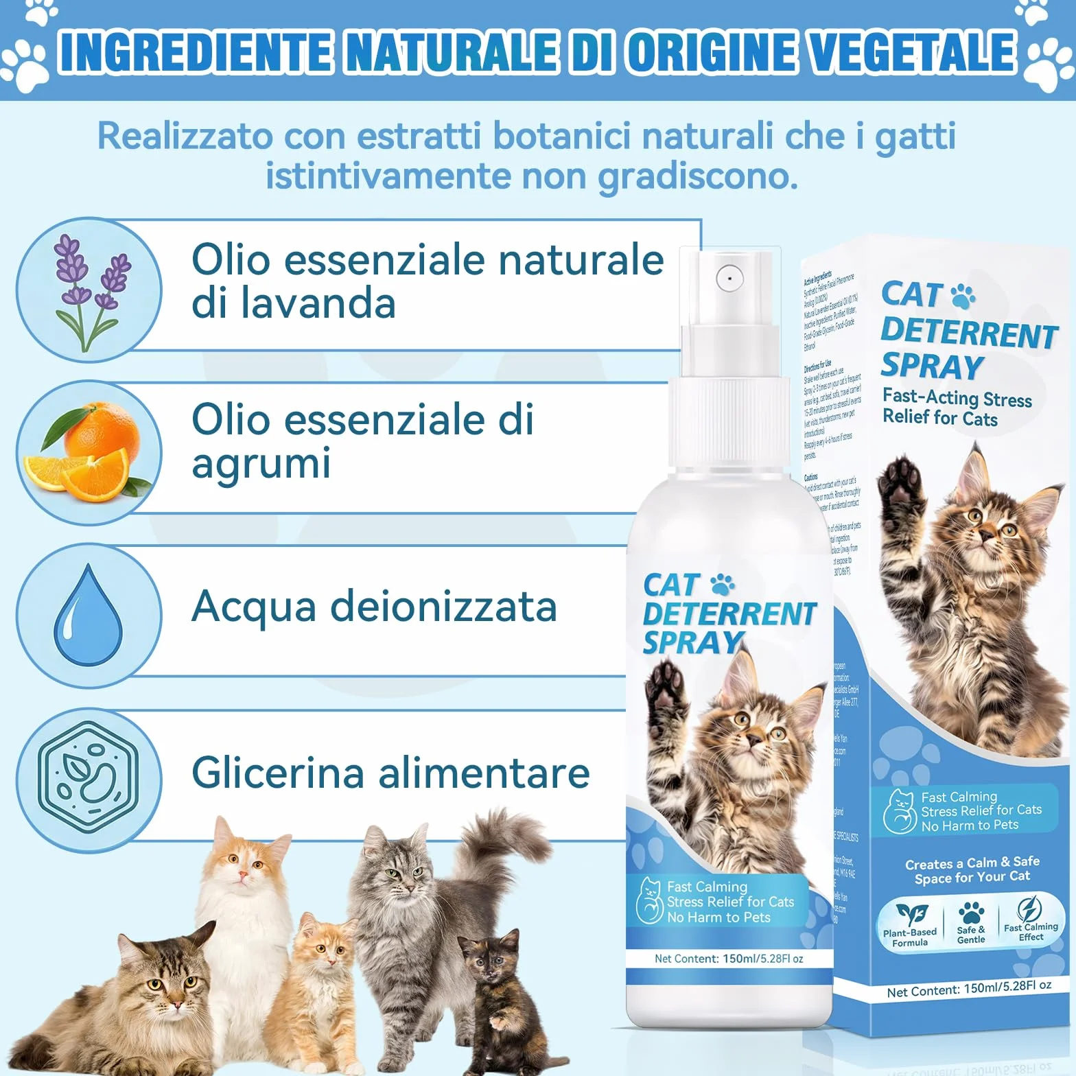 Spray Repellente per Gatti – Repellente per Gatti & Dissuasore per Gatti Naturale – Efficace Disabituante Gatti per Interni ed Esterni – Spray che Allontana Gatti e Protegge Mobili, Giardino e Divani
