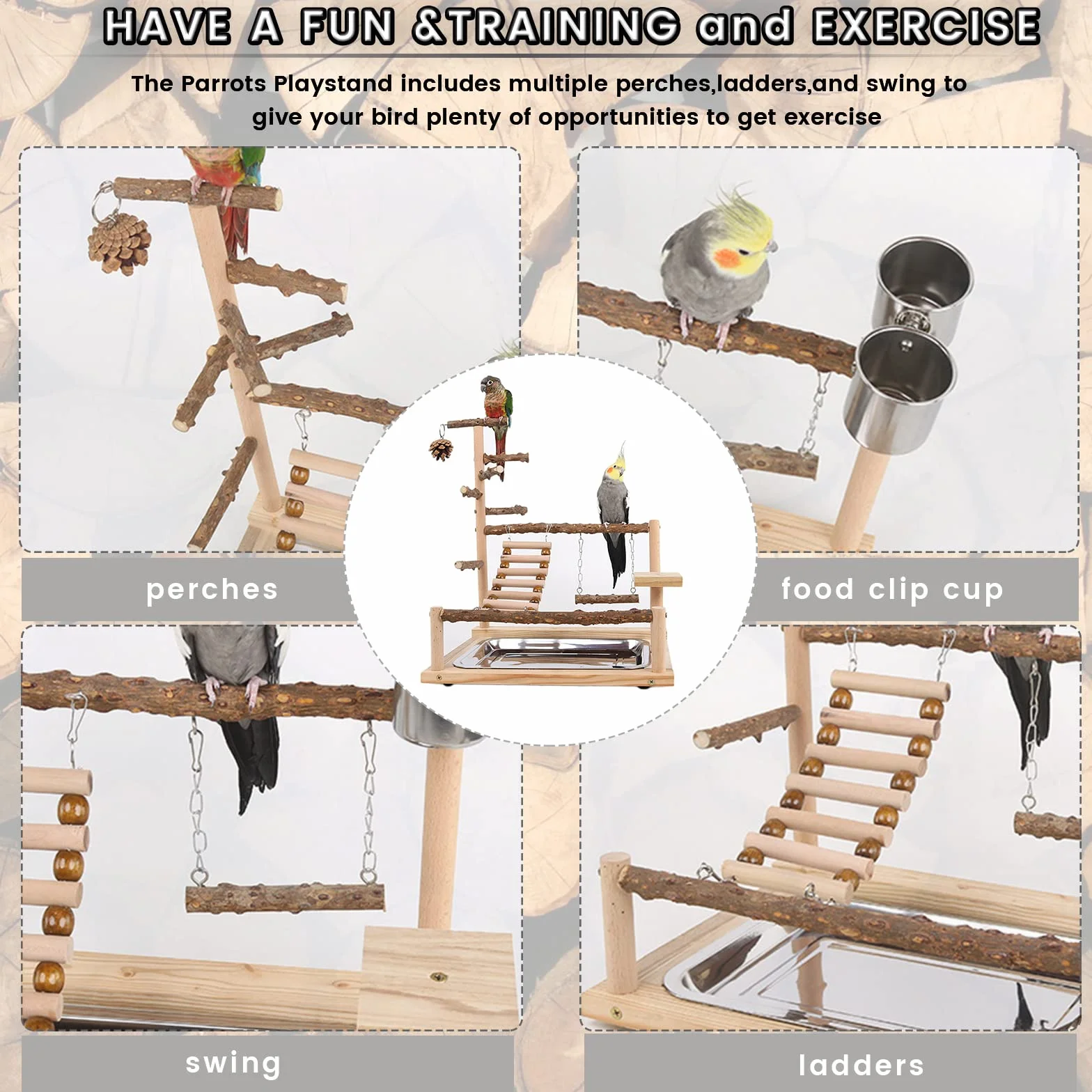 Parco Giochi per Pappagalli Palestra per Uccelli con Posatoi e Accessori Legno 45x37x26 CM