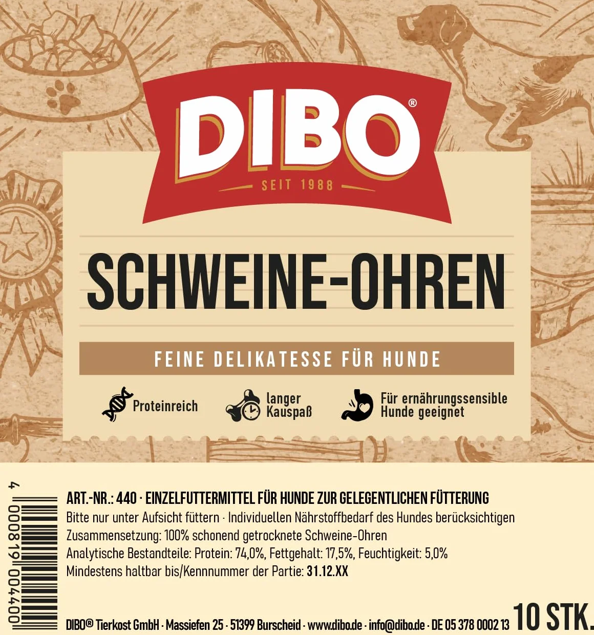 DIBO Orecchie di maiale, 10 pezzi in sacchetto, piccolo snack o dolcetti per alimenti per cani, articoli da masticare di qualità senza prodotti chimici