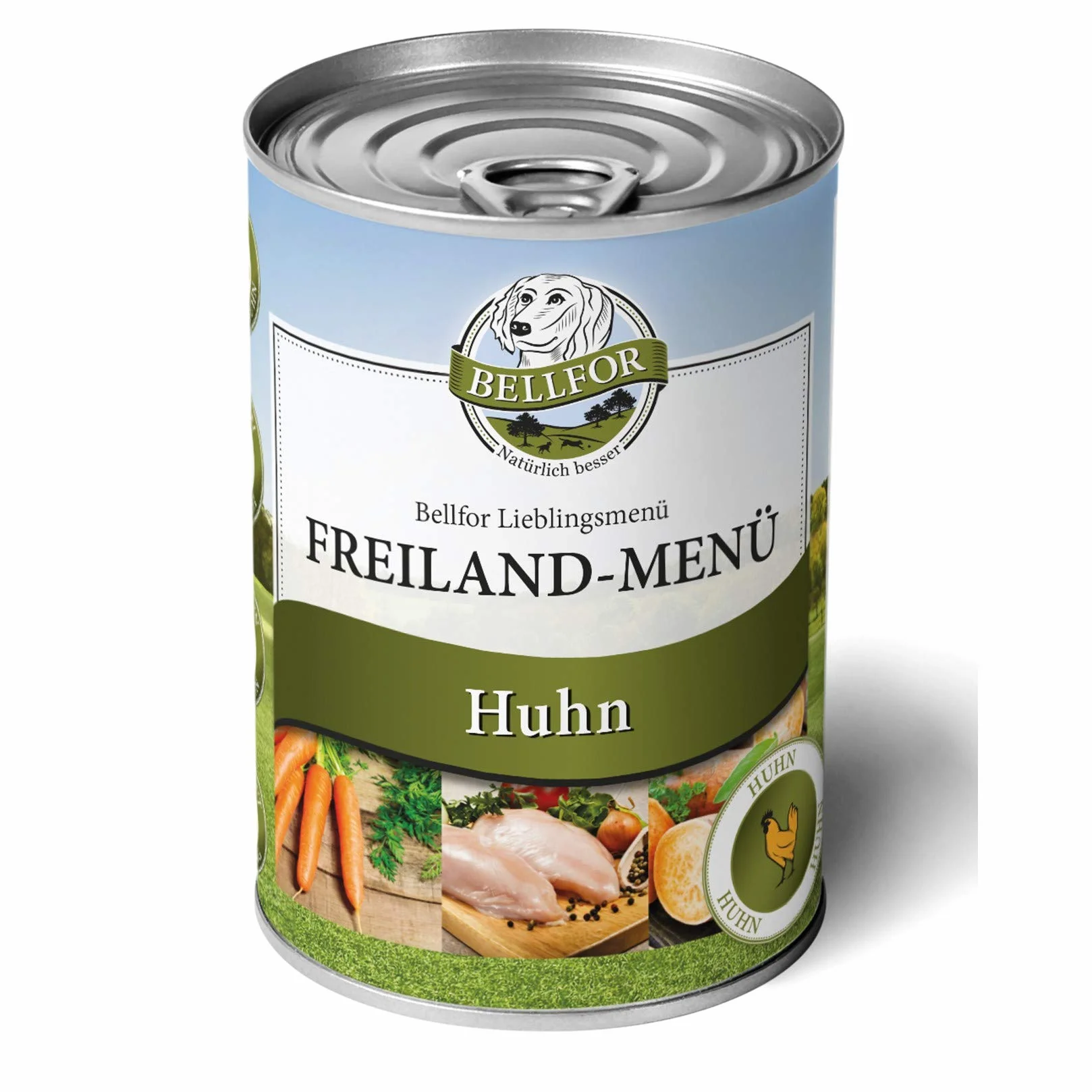 Bellfor Cibo umido senza cereali per cani con menù di pollo 6 x 400 g. Ricco di frutta e verdura fresca regionale, privo di additivi artificiali, perfetto per sensibili e tutte le razze.