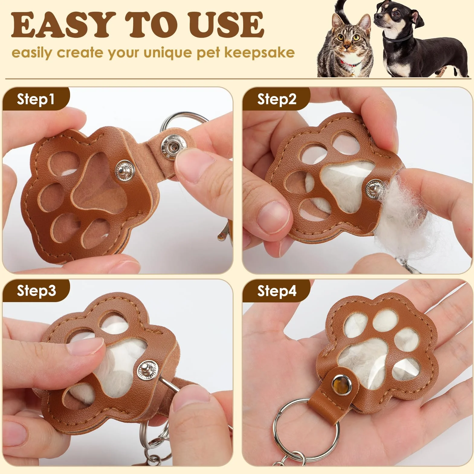 Kiiwah 2 Pezzi Portachiavi Carino a Forma di Zampa, Raccoglitore di Peli di Animali, Ricordo Regali per Amanti dei Cani Gatti (Marrone+Bianco)