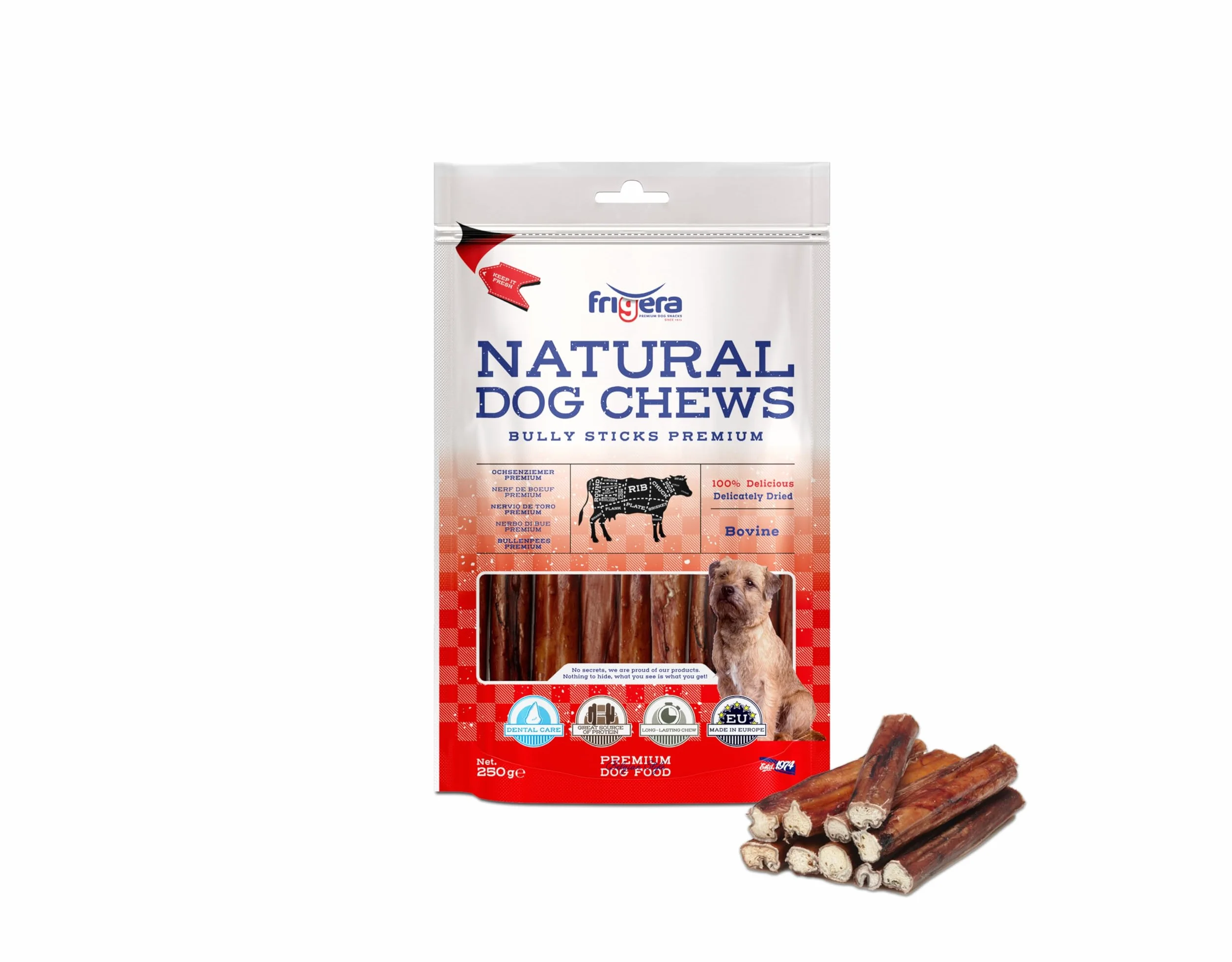 Frigera Cuccia di bue di alta qualità, 15 cm, 250 g, manzo, naturale, ricco di proteine, per cani, senza glutine e cereali, a lunga durata.