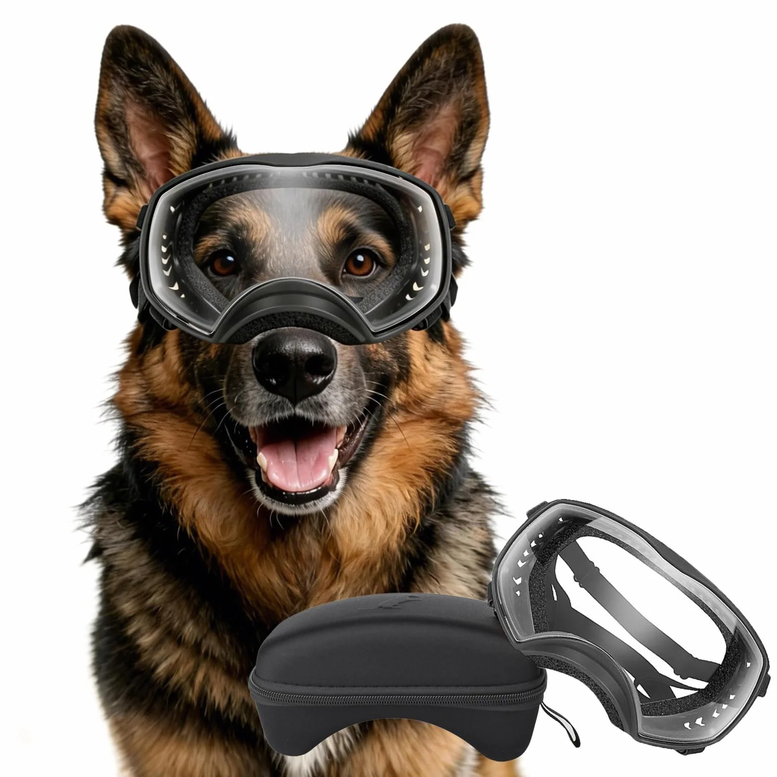 Occhiali da sole per cani, protezione UV, trasparenti, antivento, con cinghie elastiche per razze medio-grandi, montatura nera + lenti trasparenti