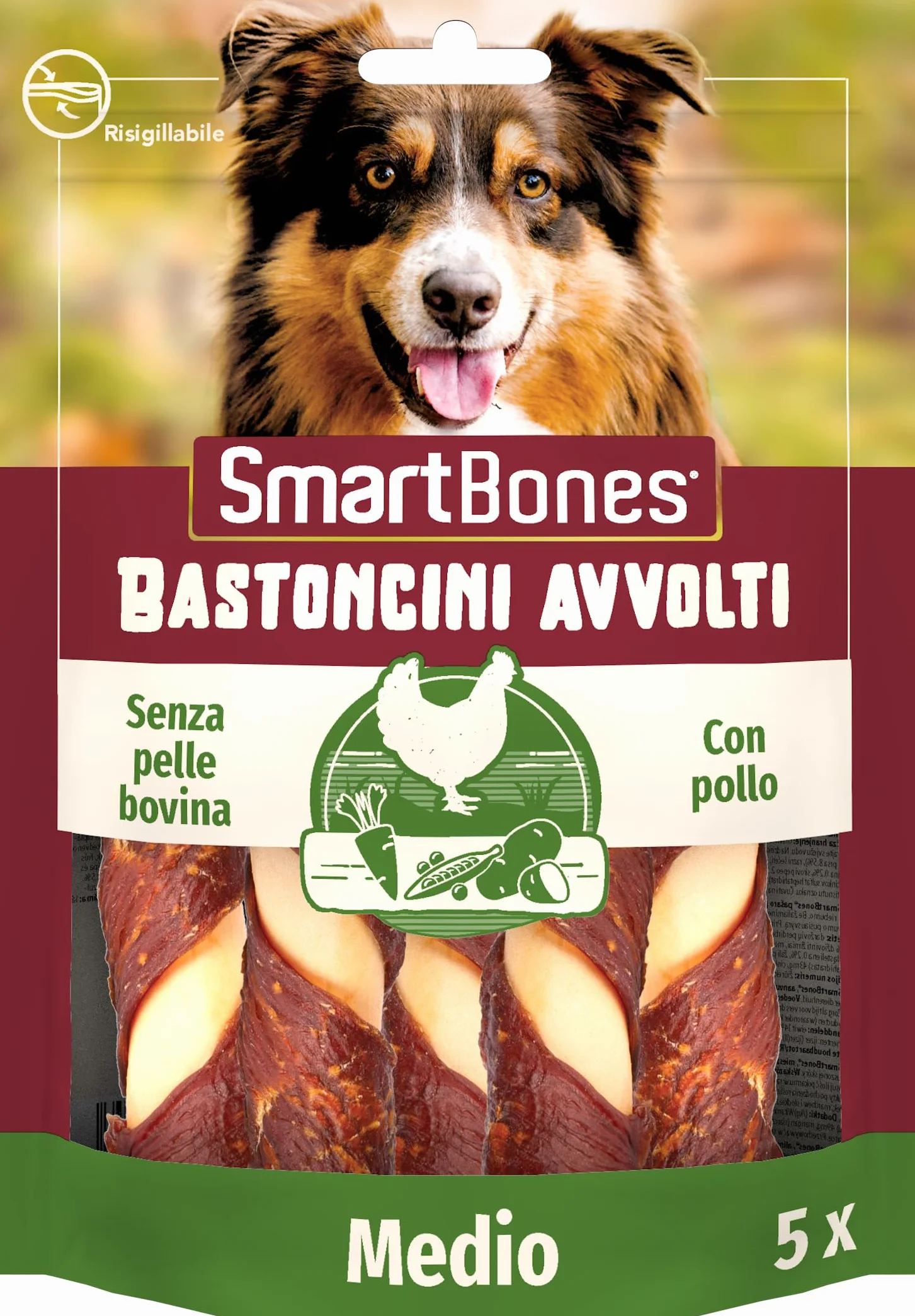 SmartBones Pollo Wrapped Sticks Medio - Snack per Cani con pollo per Cani di Piccola Taglia, bastoncini da masticare con consistenza morbida - Senza pelle bovina, 5 Pezzi