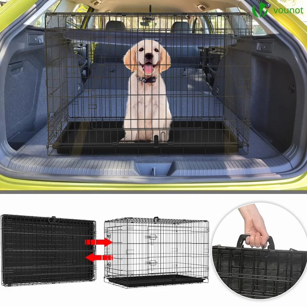 VOUNOT® Gabbia per Cani Pieghevole in Metallo 107x70x78cm Nero con 2 Porte e Vassoio Rimovibile